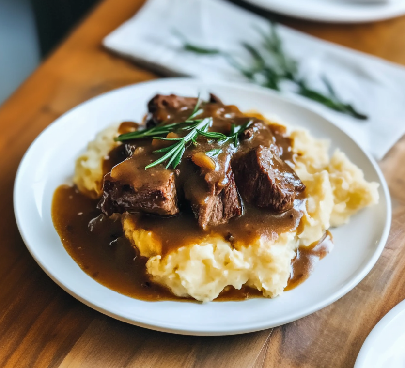 One Skillet Savory Beef Tips and Gravy