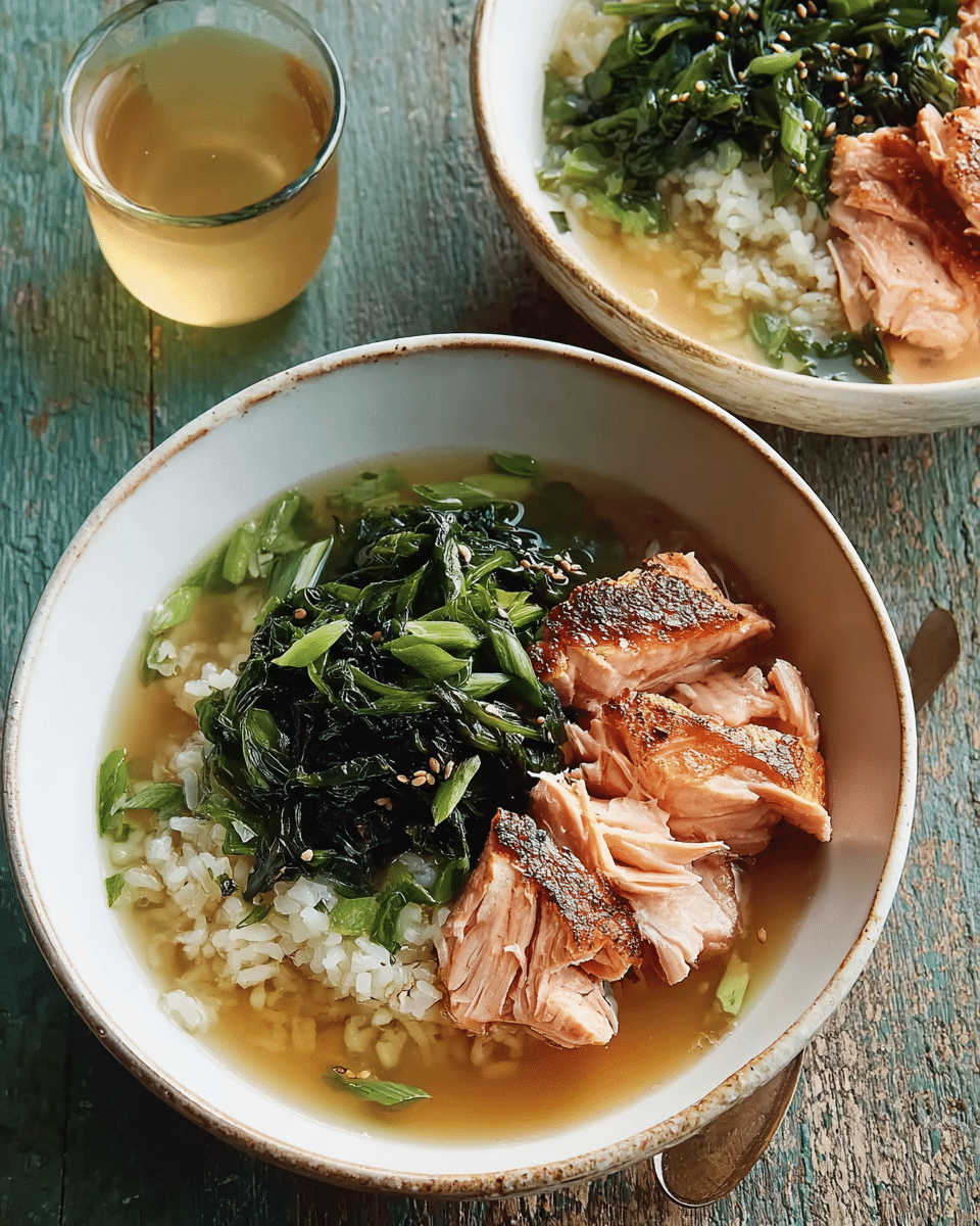 Salmon and Spinach Rice Bowl with Green Tea Broth