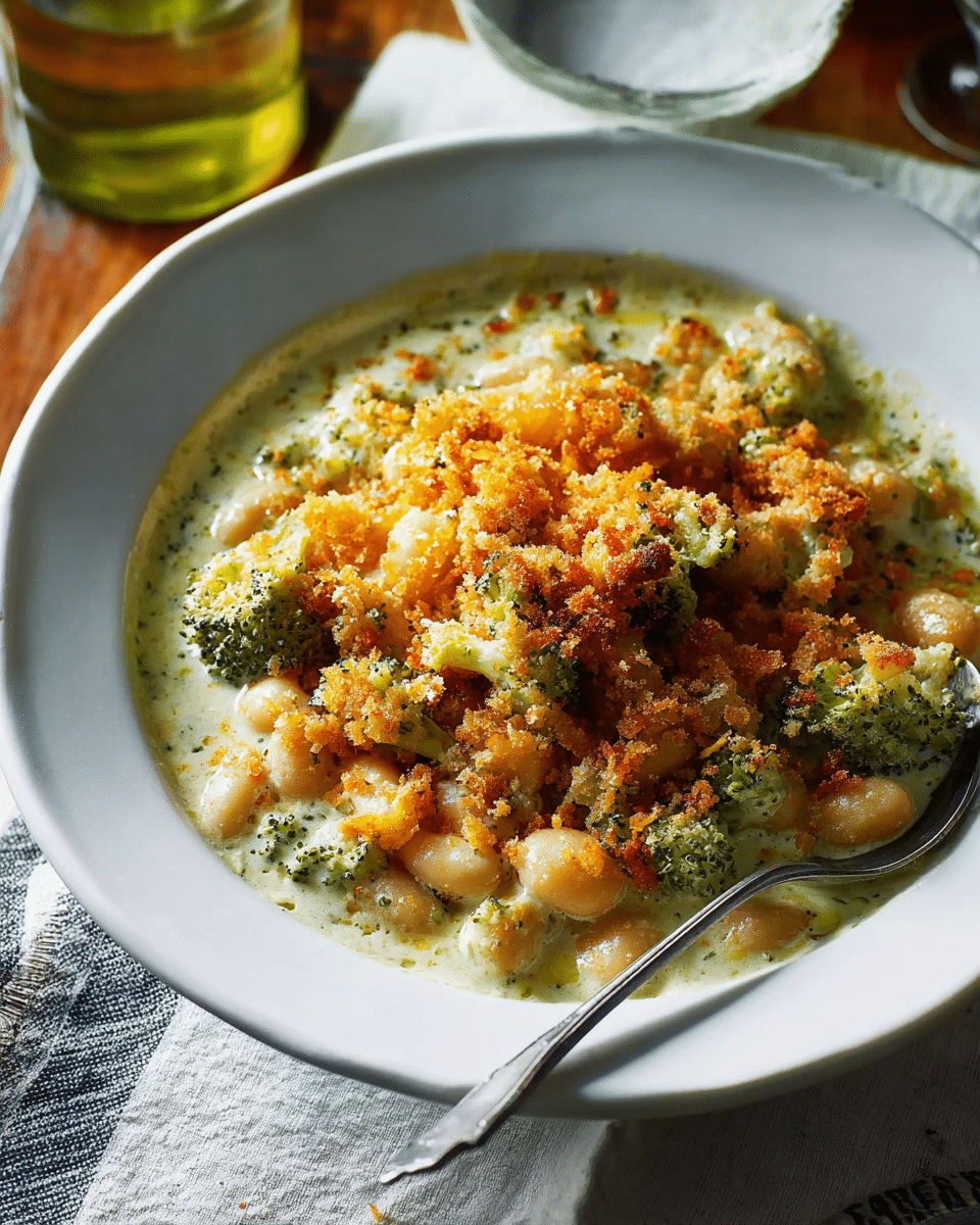 Broccoli Cheddar Beans with Crispy Cheddar Panko