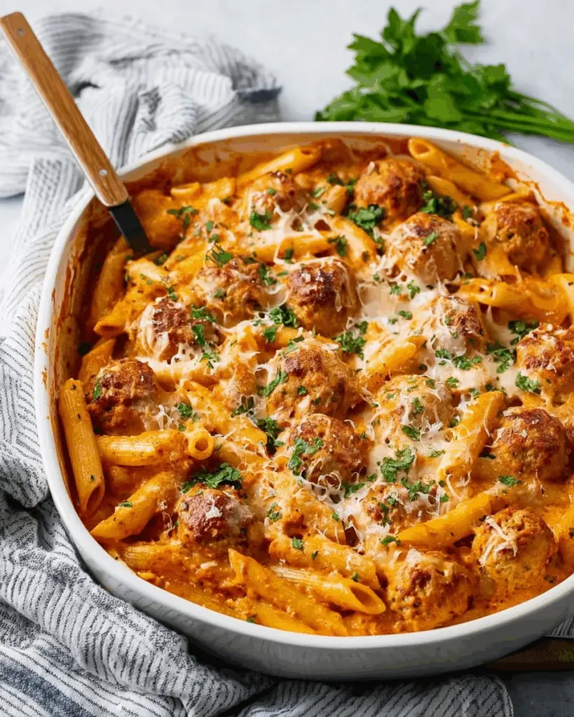 Dump-and-Bake Creamy Tomato Pasta with Turkey Meatballs