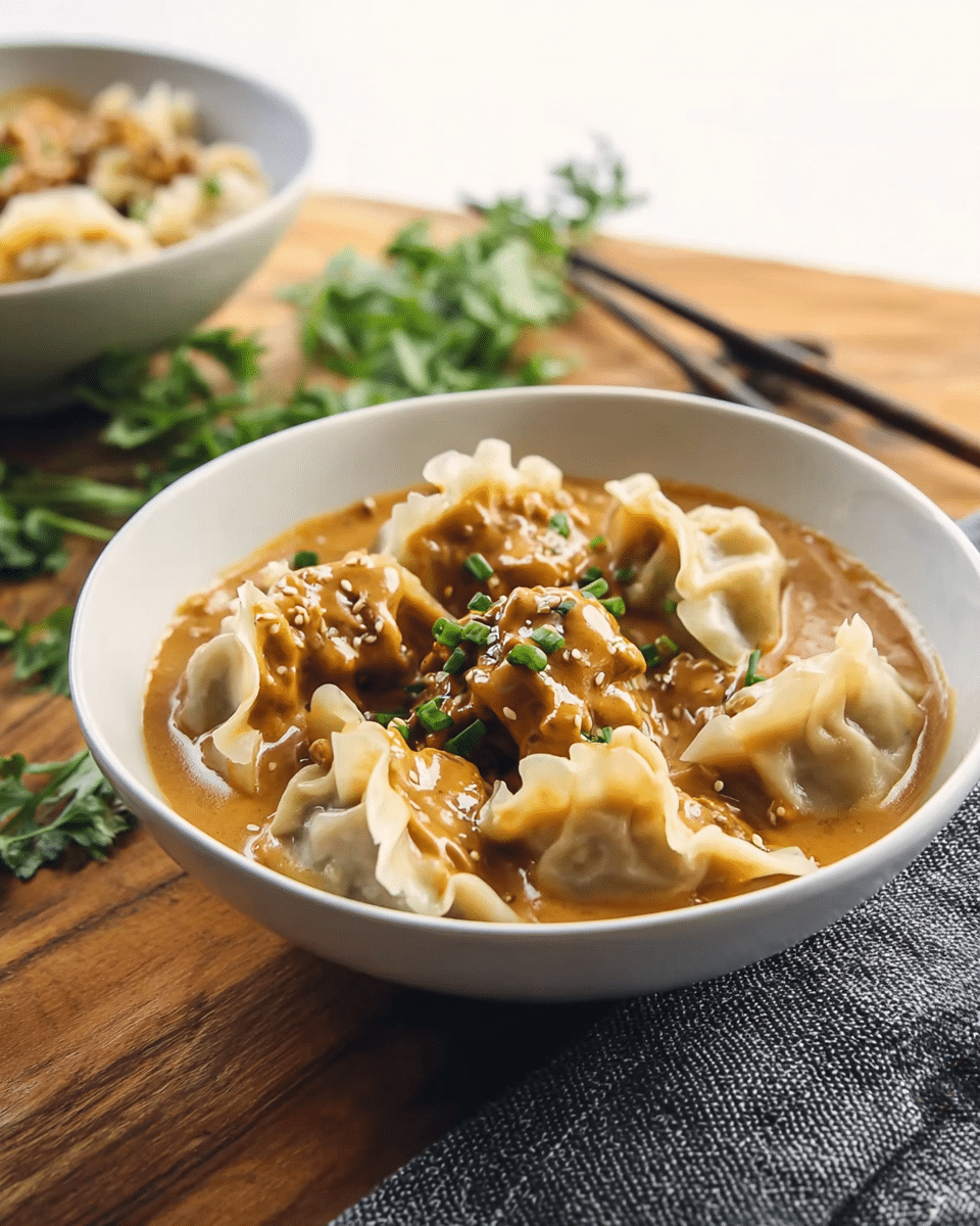 Pork Dumplings with Spicy Peanut Sauce