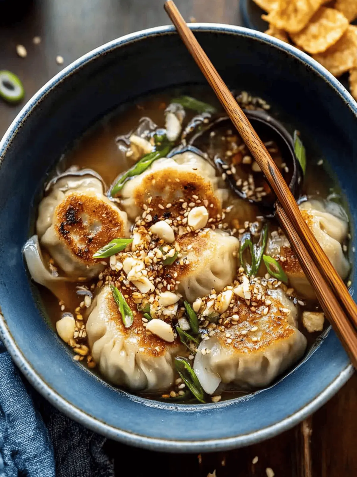 Sesame Chicken Dumplings in Spicy Broth with Garlic Crisps