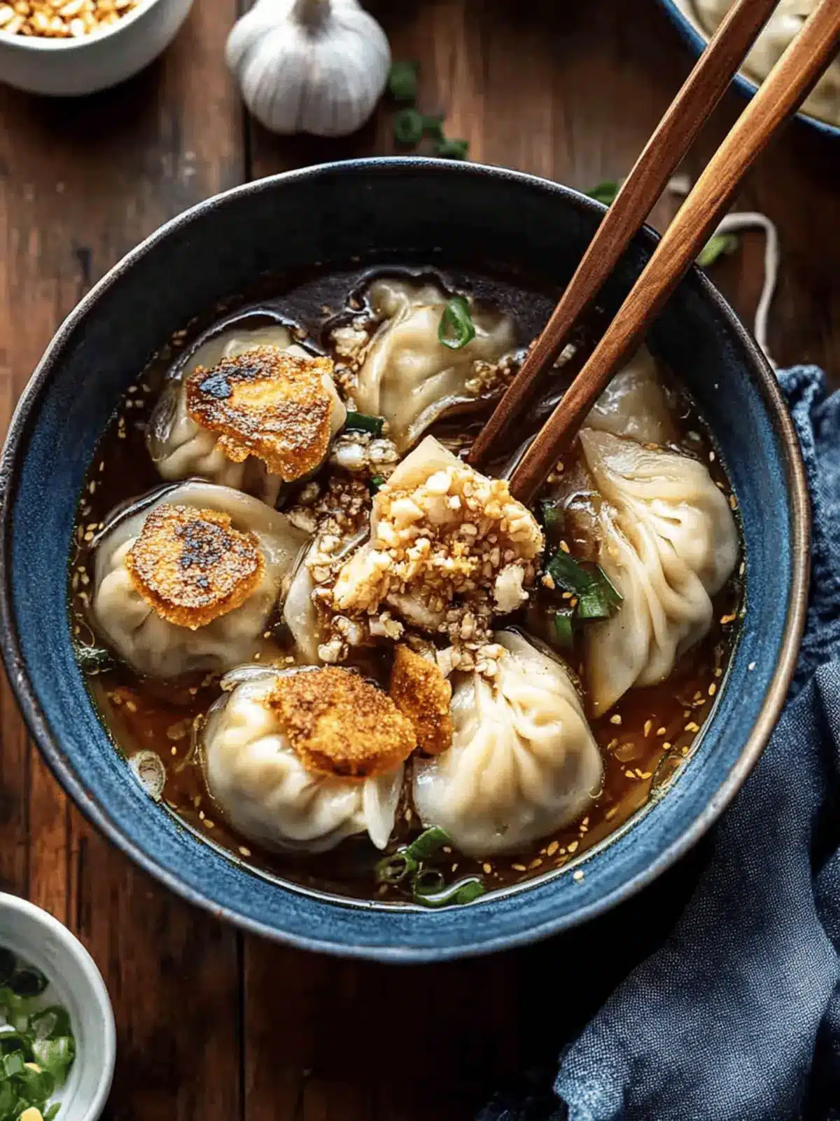 Sesame Chicken Dumplings in Spicy Broth with Garlic Crisps