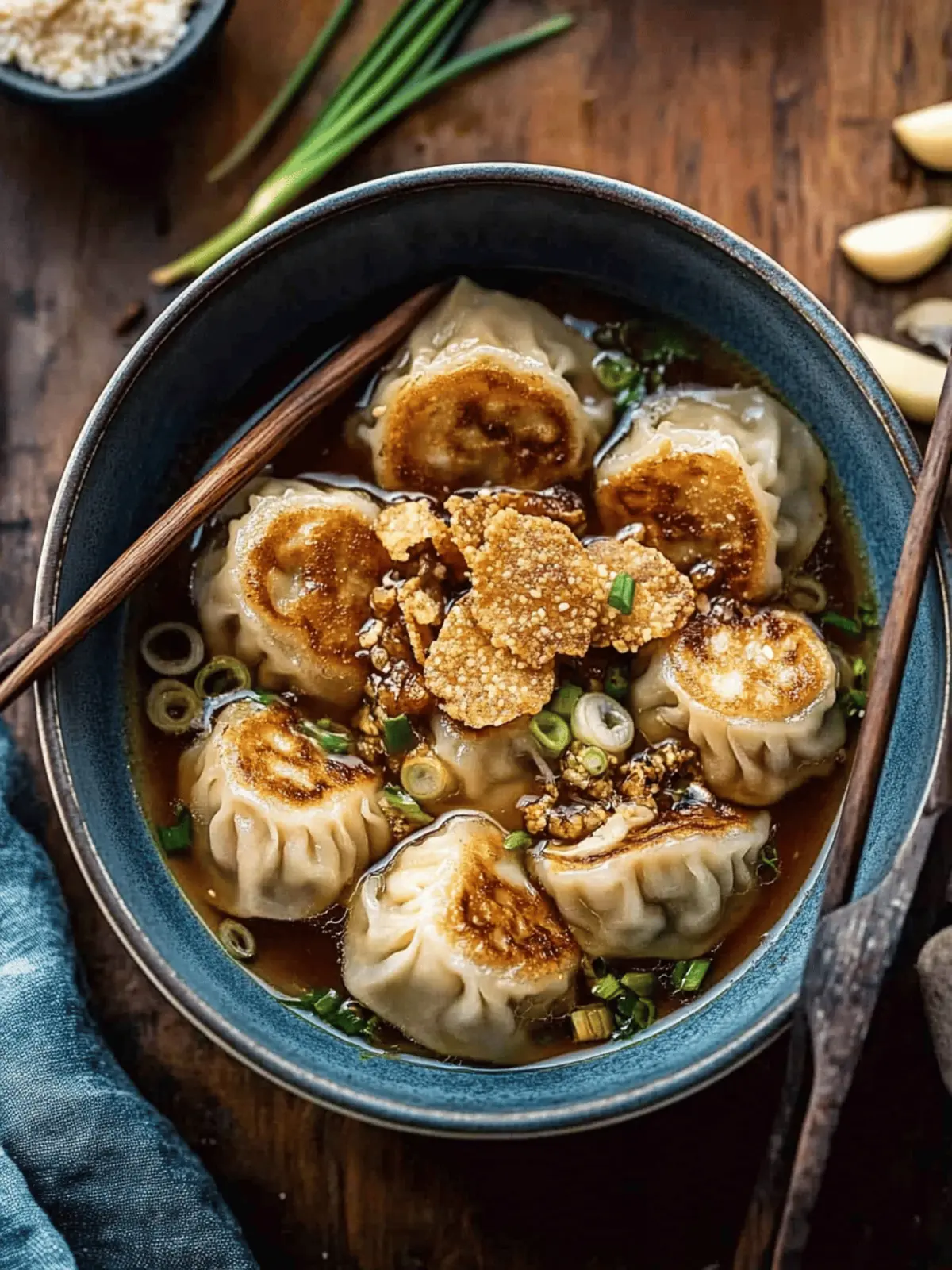 Sesame Chicken Dumplings in Spicy Broth with Garlic Crisps