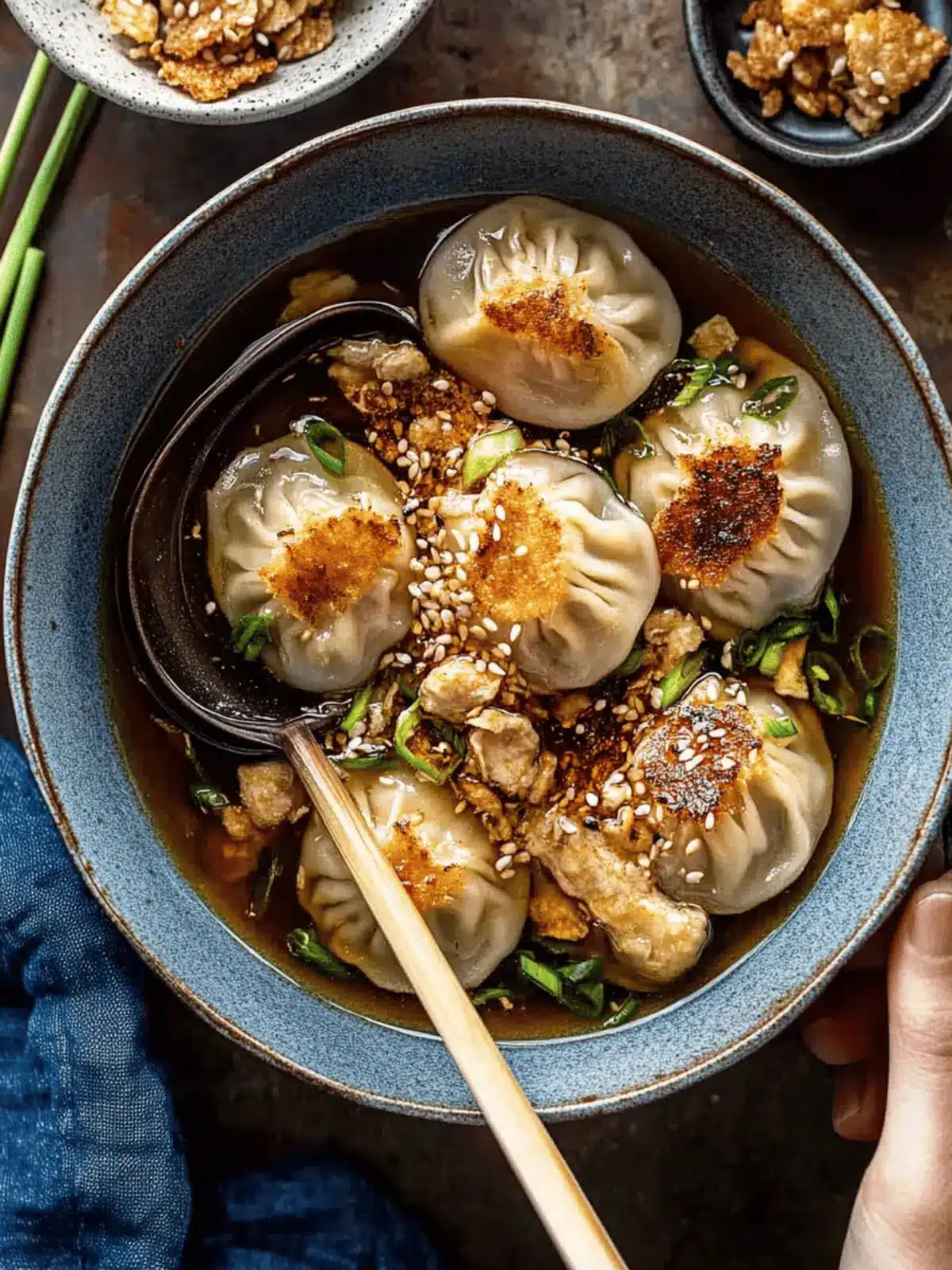 Sesame Chicken Dumplings in Spicy Broth with Garlic Crisps