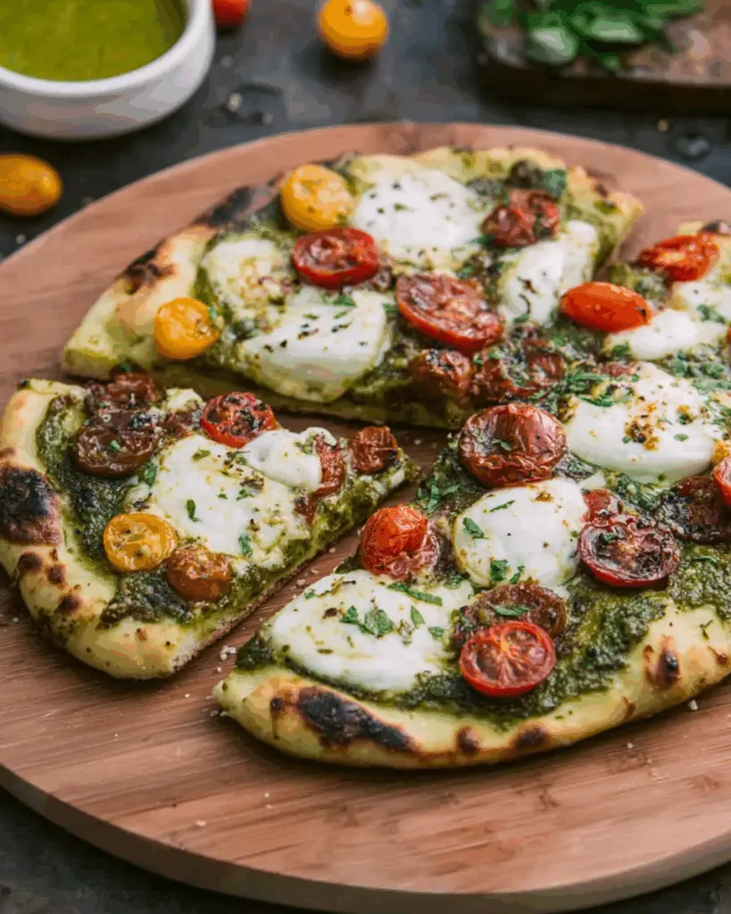 Grilled Pesto Pizza with Marinated Mozzarella and Tomatoes