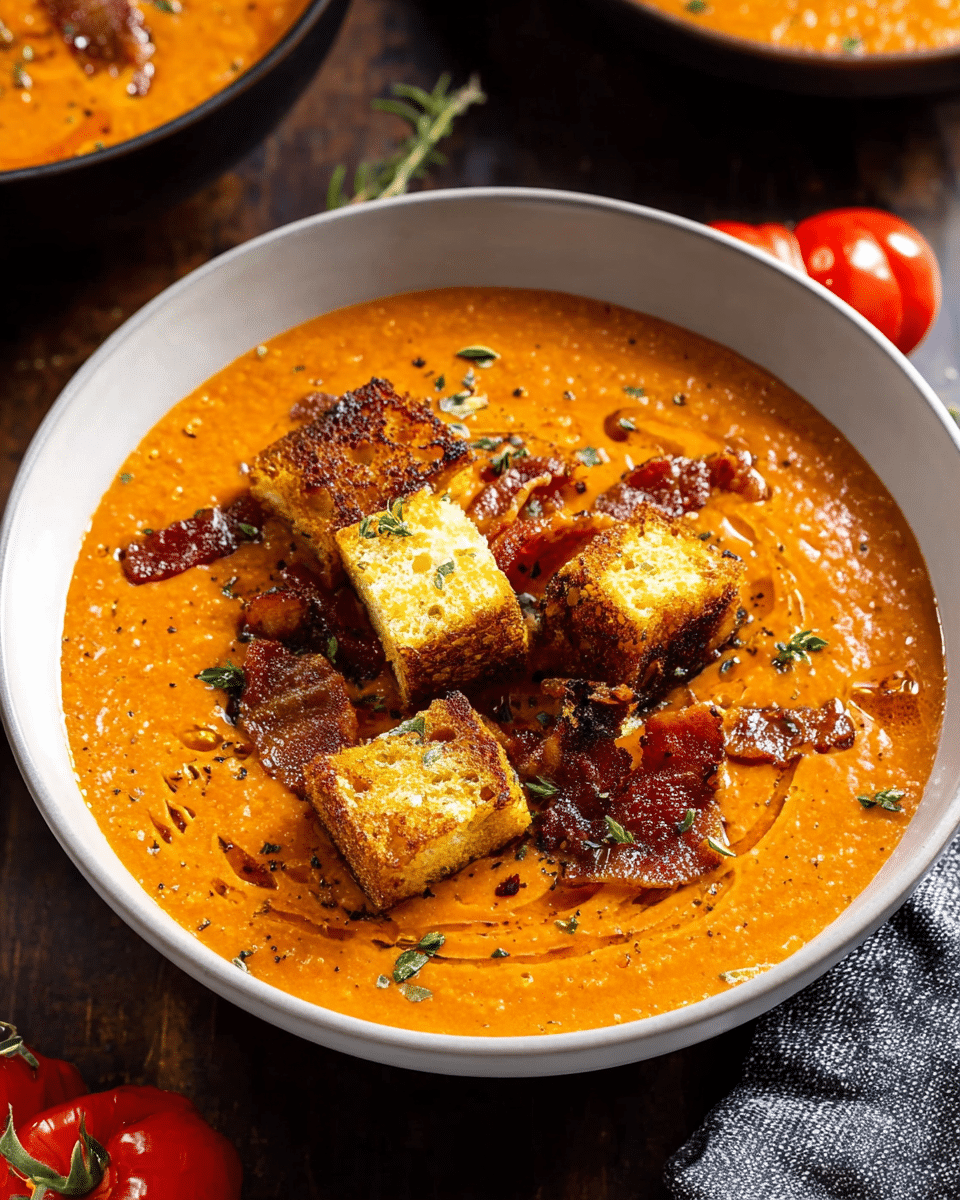 Tomato Bacon Bisque with Grilled Cheese Croutons