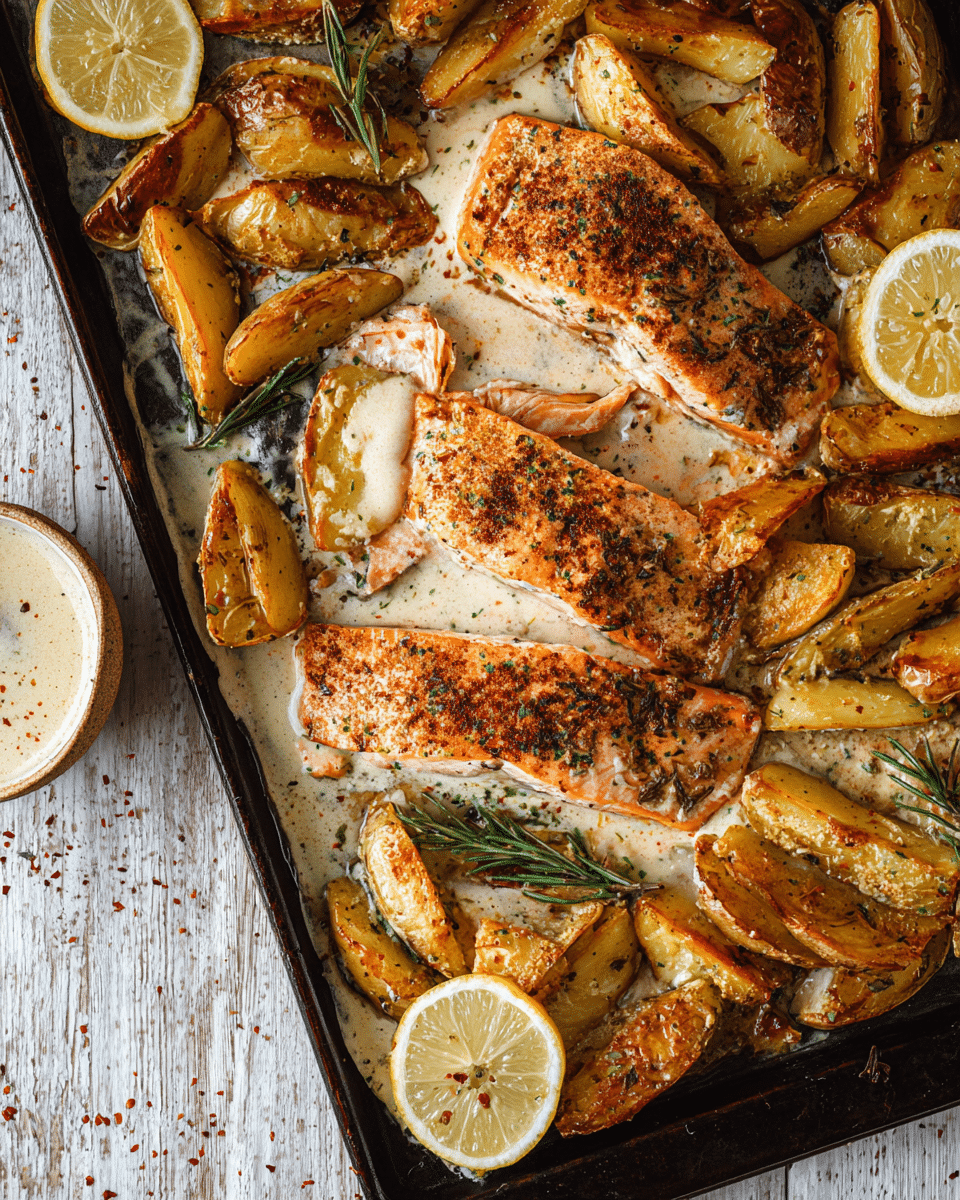 Baked Creamy Salmon with Potatoes Sheet Pan Meal