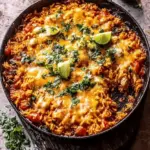 One Skillet Cheesy Salsa Chicken Rice Bake