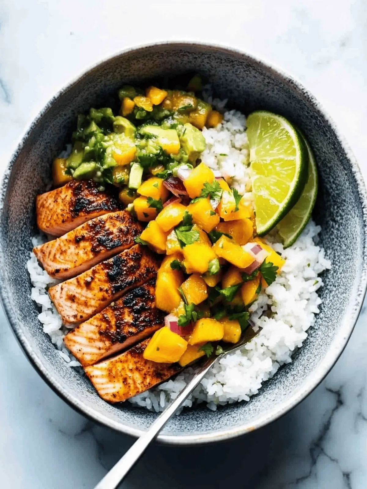 BBQ Salmon Bowls with Mango Avocado Salsa