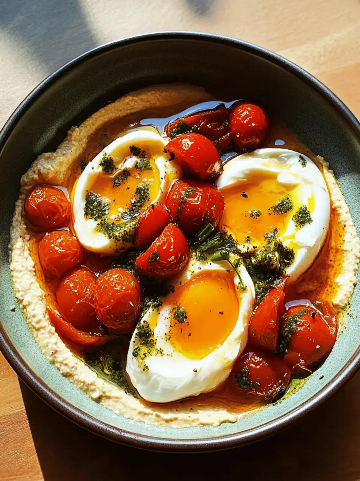 Poached Eggs with Roasted Tomatoes and Hummus