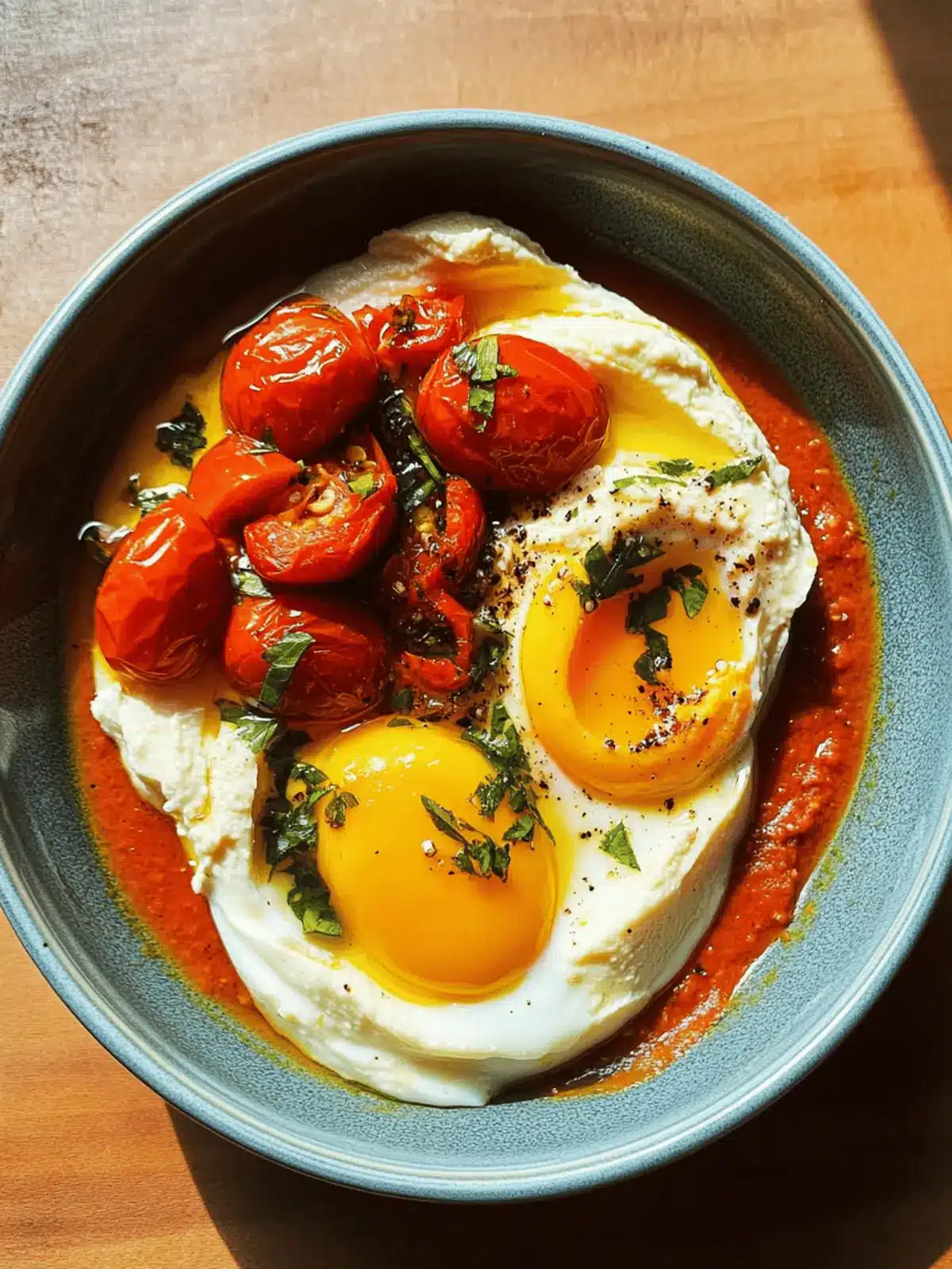 Poached Eggs with Roasted Tomatoes and Hummus