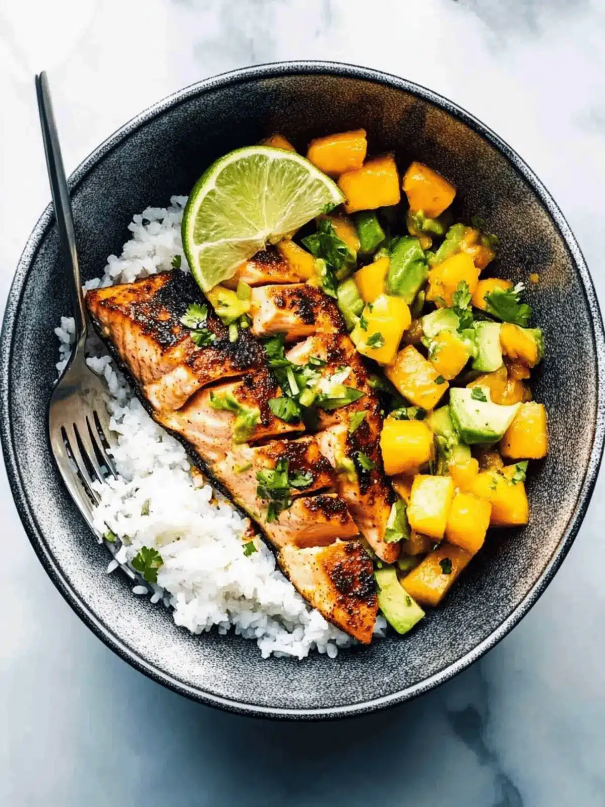 BBQ Salmon Bowls with Mango Avocado Salsa