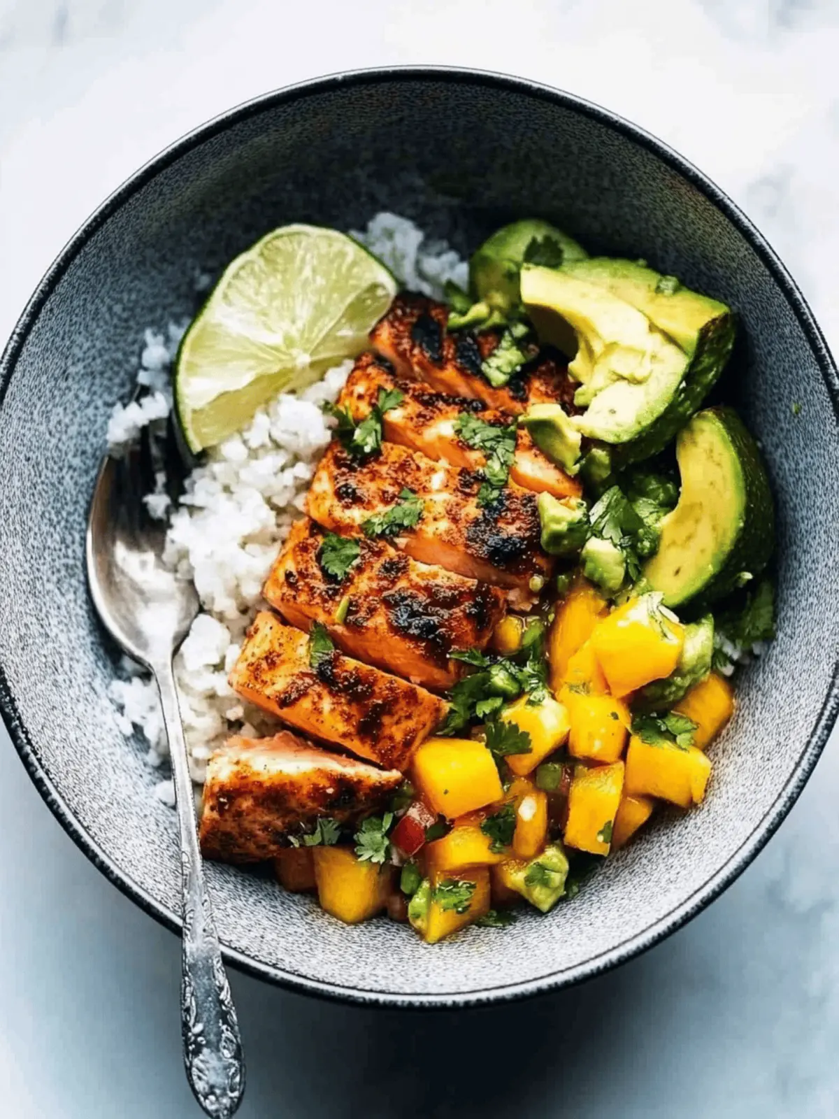 BBQ Salmon Bowls with Mango Avocado Salsa