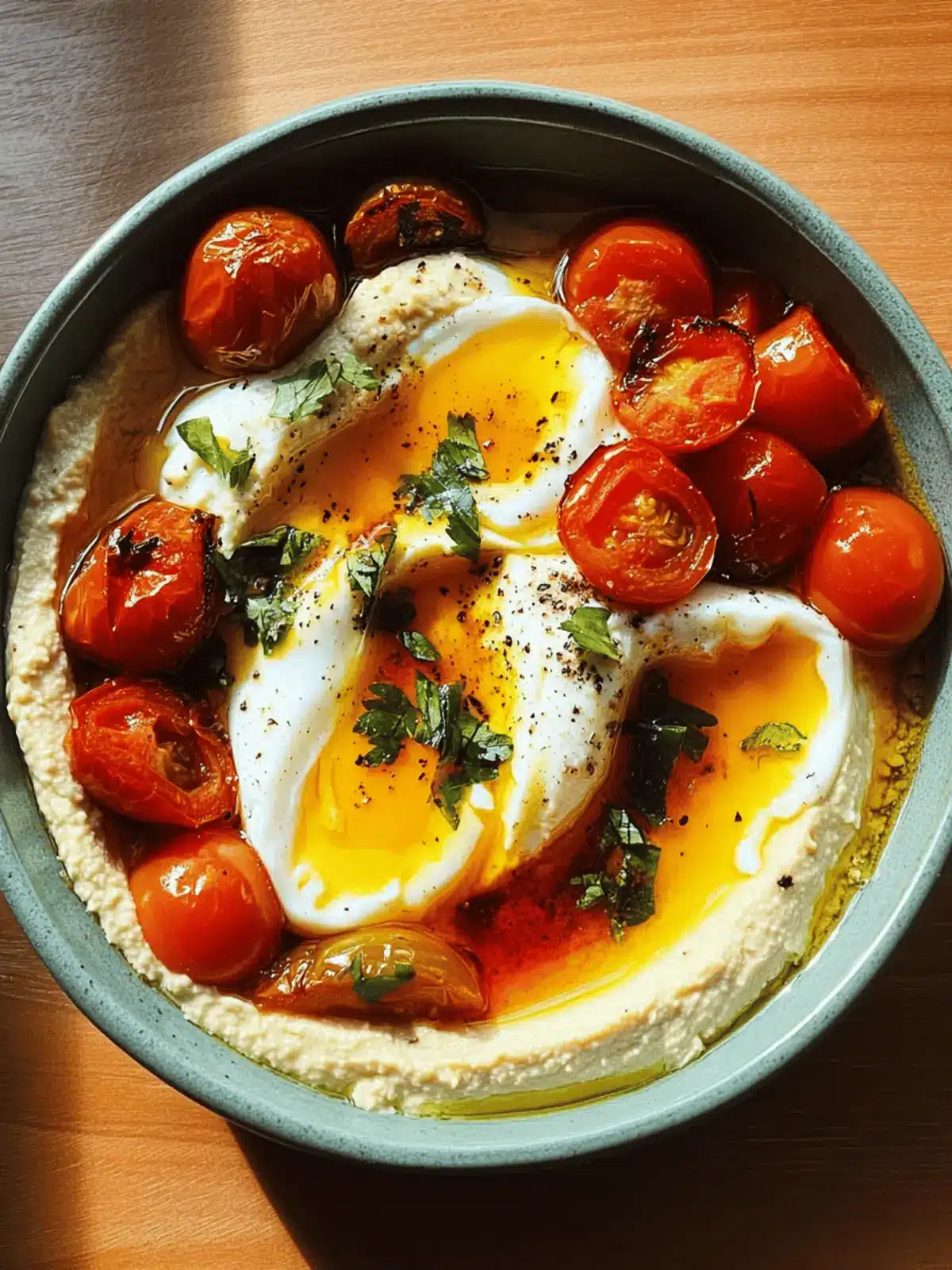 Poached Eggs with Roasted Tomatoes and Hummus