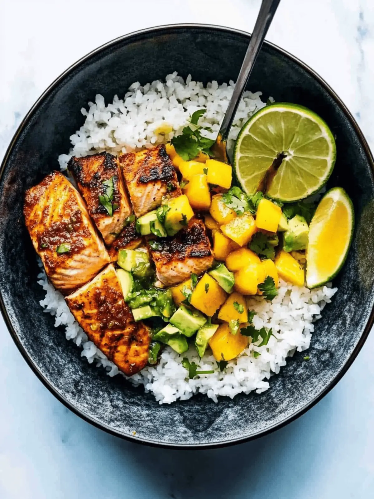 BBQ Salmon Bowls with Mango Avocado Salsa