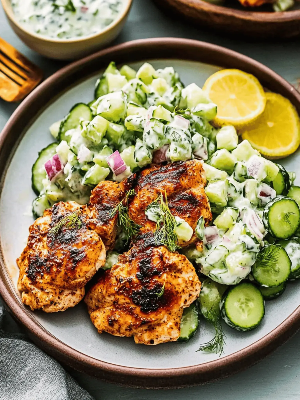 Spicy Mediterranean Chicken with Creamy Cucumber Salad