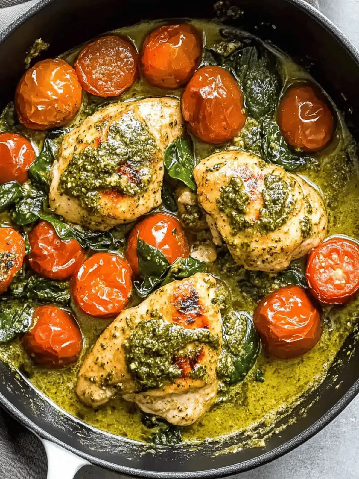 Creamy Pesto Chicken with Roasted Tomatoes & Spinach