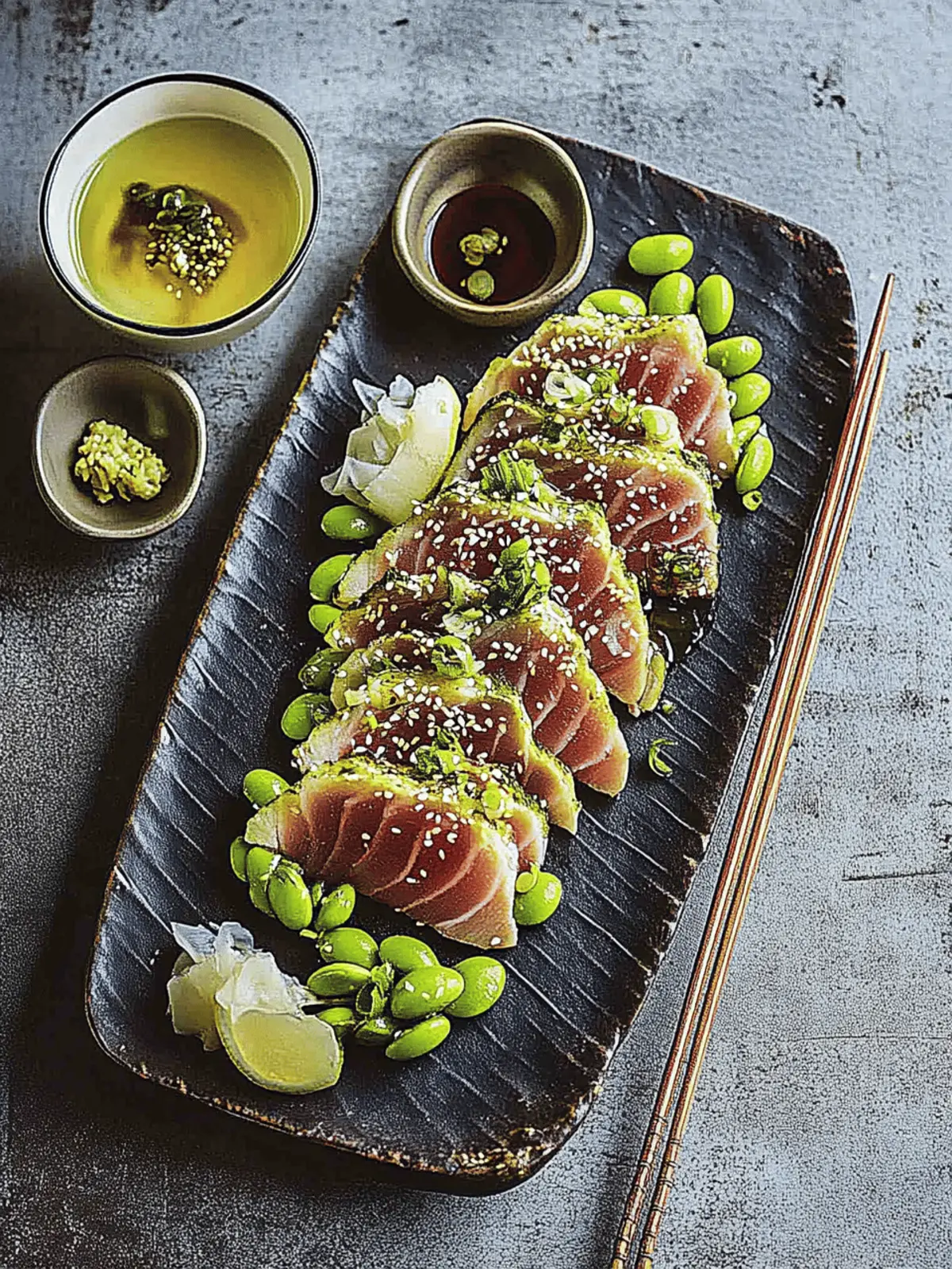 Sesame tuna tataki with wasabi and edamame