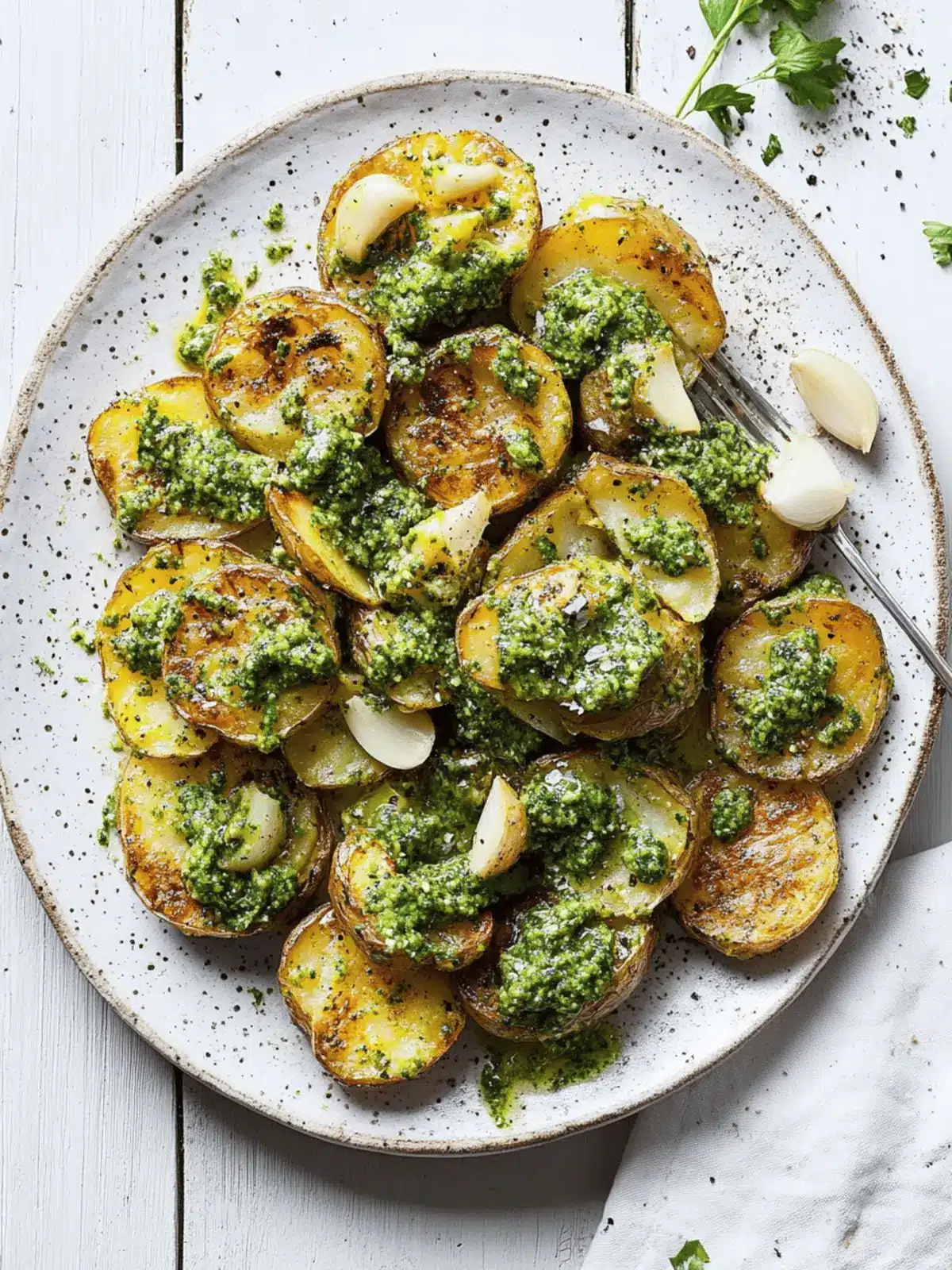 Crispy Smashed Potatoes with Garlic Pesto