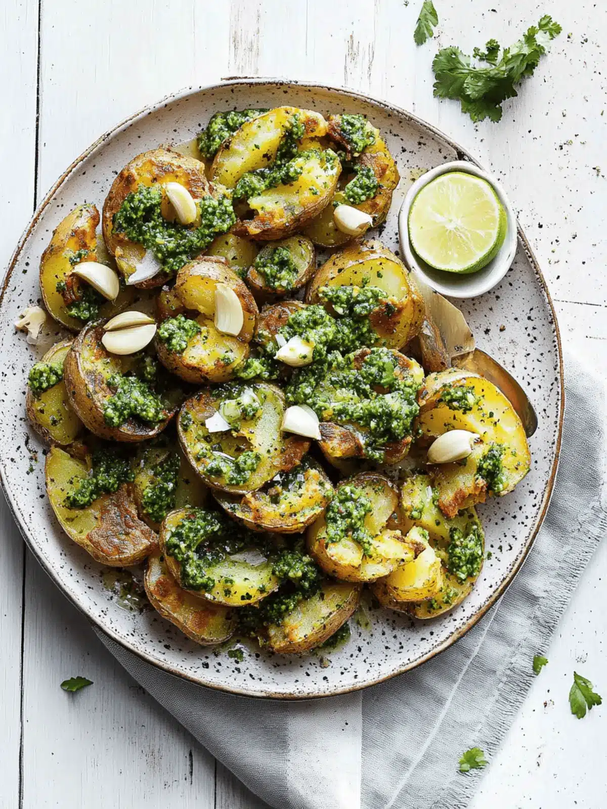 Crispy Smashed Potatoes with Garlic Pesto