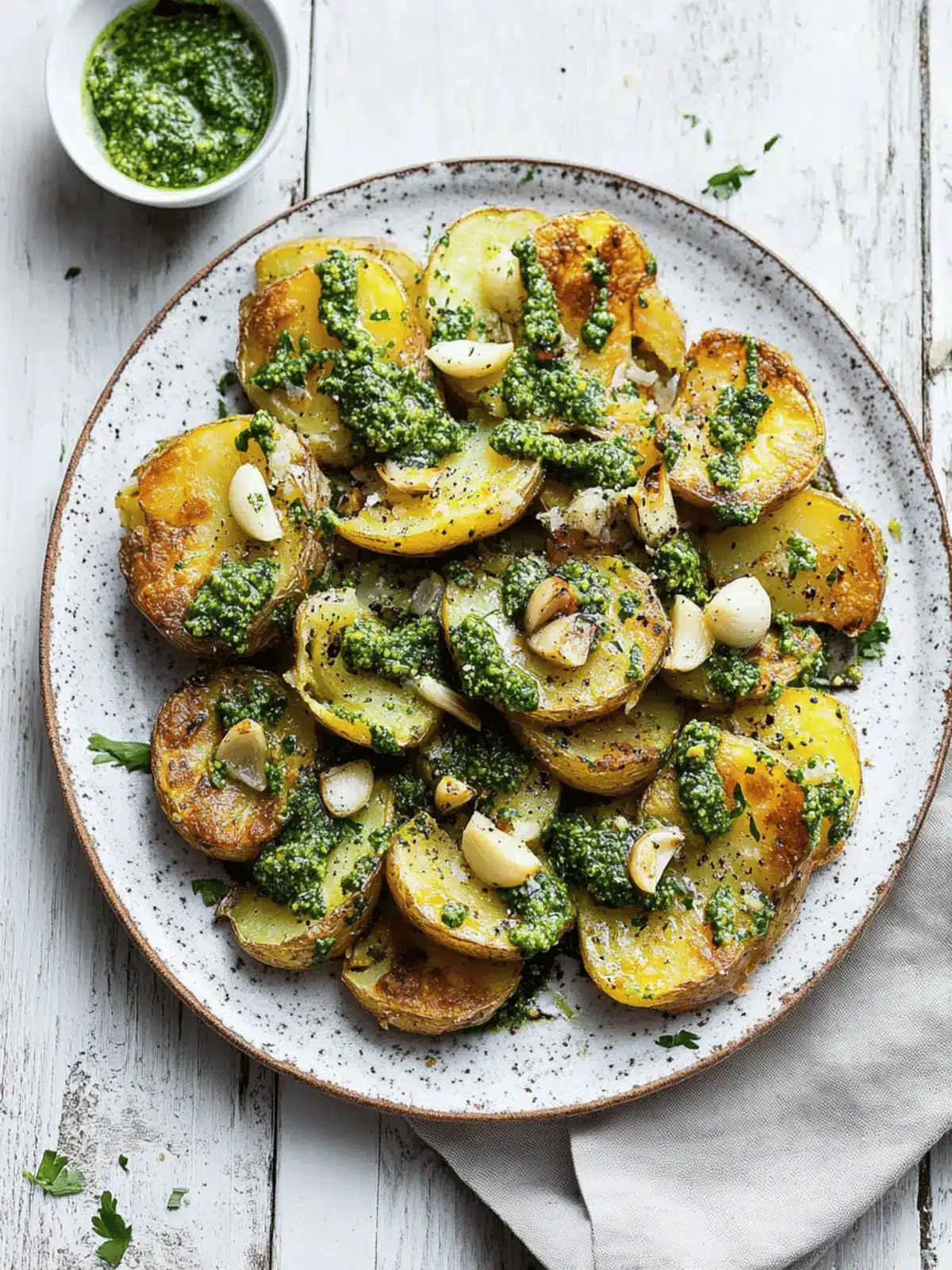 Crispy Smashed Potatoes with Garlic Pesto