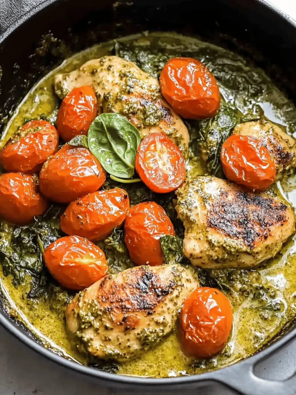 Creamy Pesto Chicken with Roasted Tomatoes & Spinach