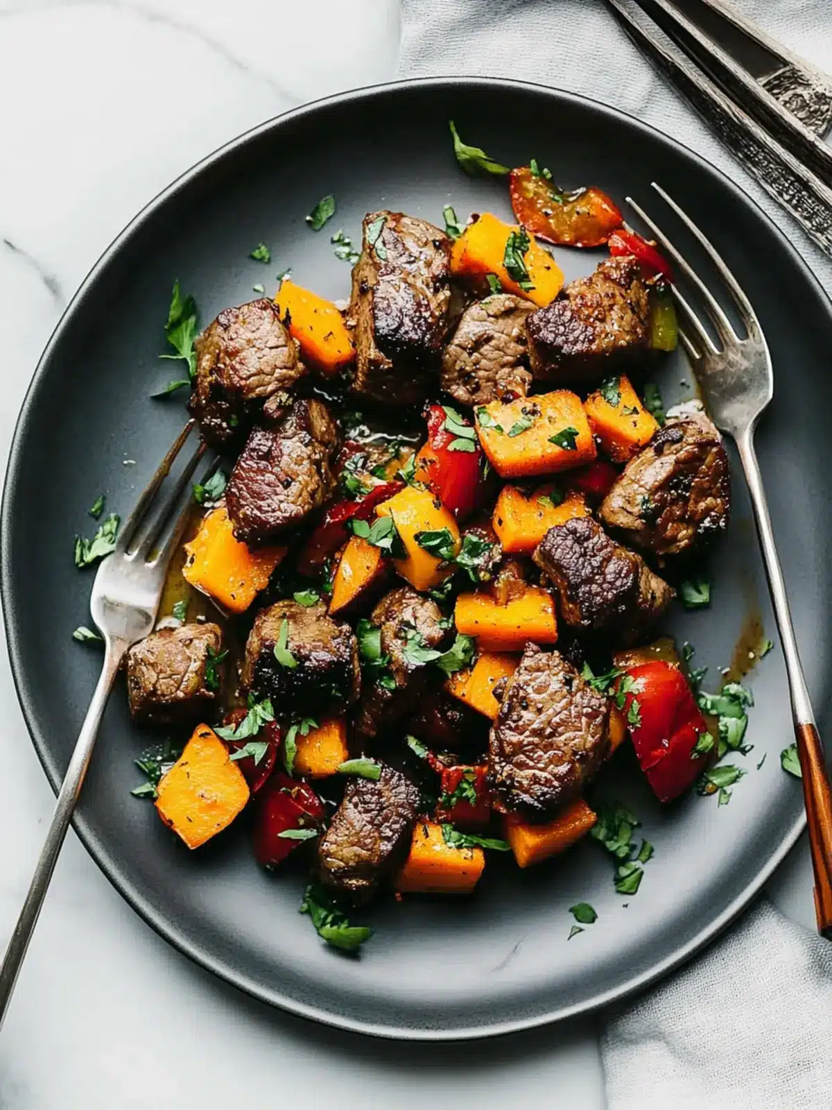 Steak Bites with Sweet Potatoes and Peppers