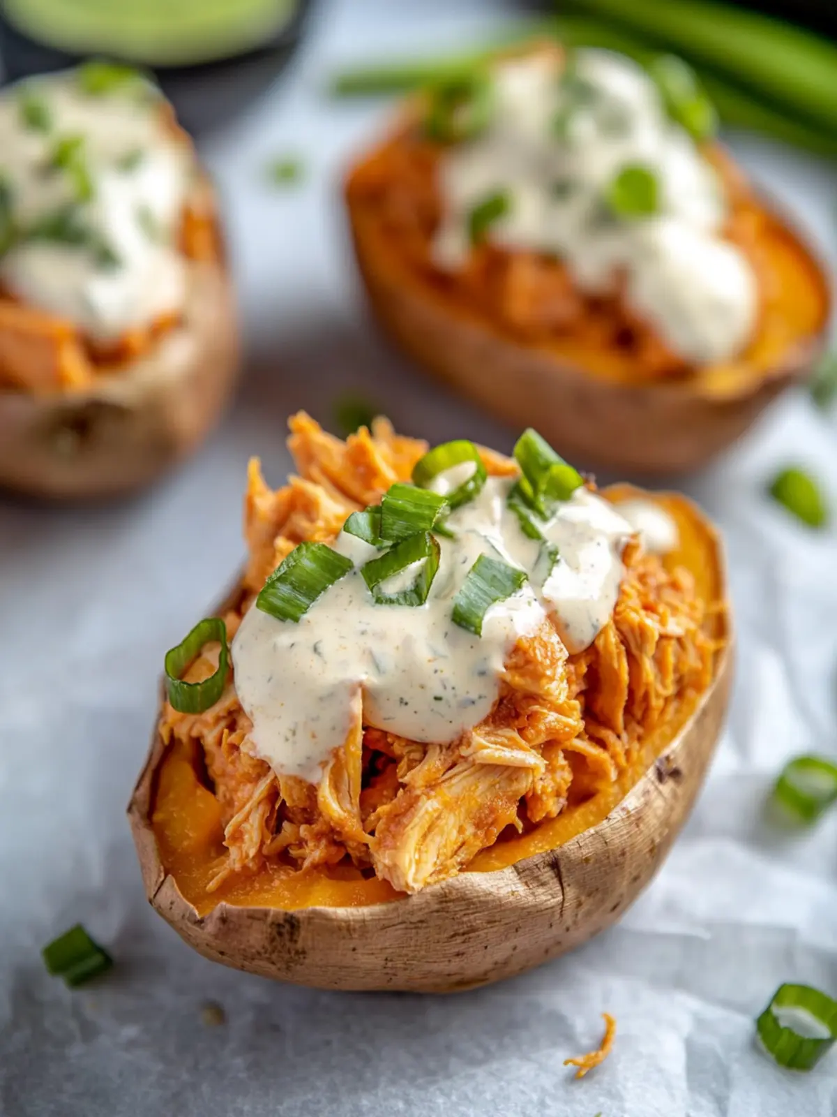 Buffalo Chicken & Ranch Stuffed Sweet Potatoes Delight 2 Stuffed Sweet Potatoes with Buffalo Chicken & Ranch