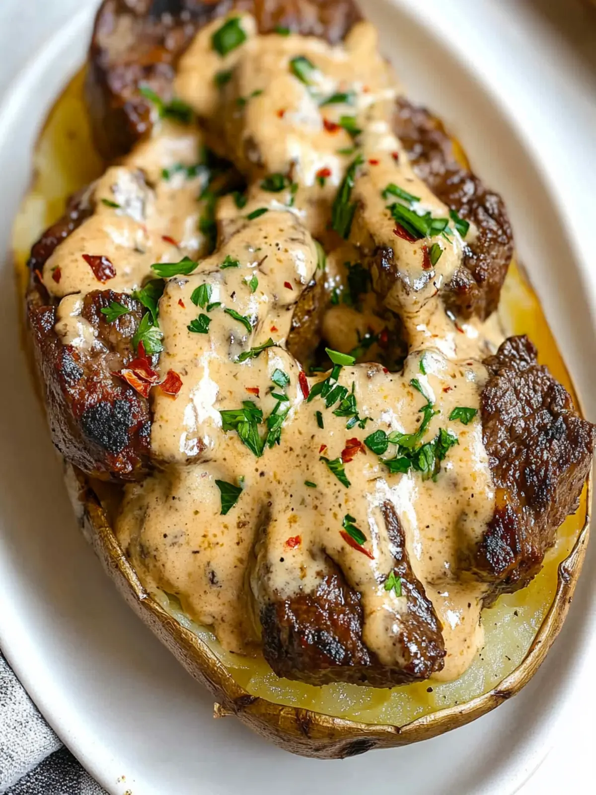 Savor Loaded Baked Potato with Steak Bites and Parmesan Sauce 4 Loaded Baked Potato with Steak Bites