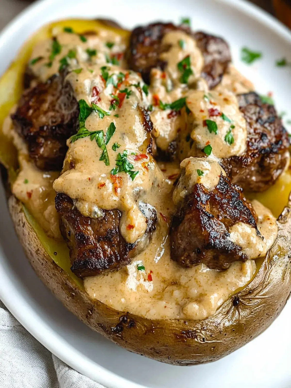 Savor Loaded Baked Potato with Steak Bites and Parmesan Sauce 2 Loaded Baked Potato with Steak Bites