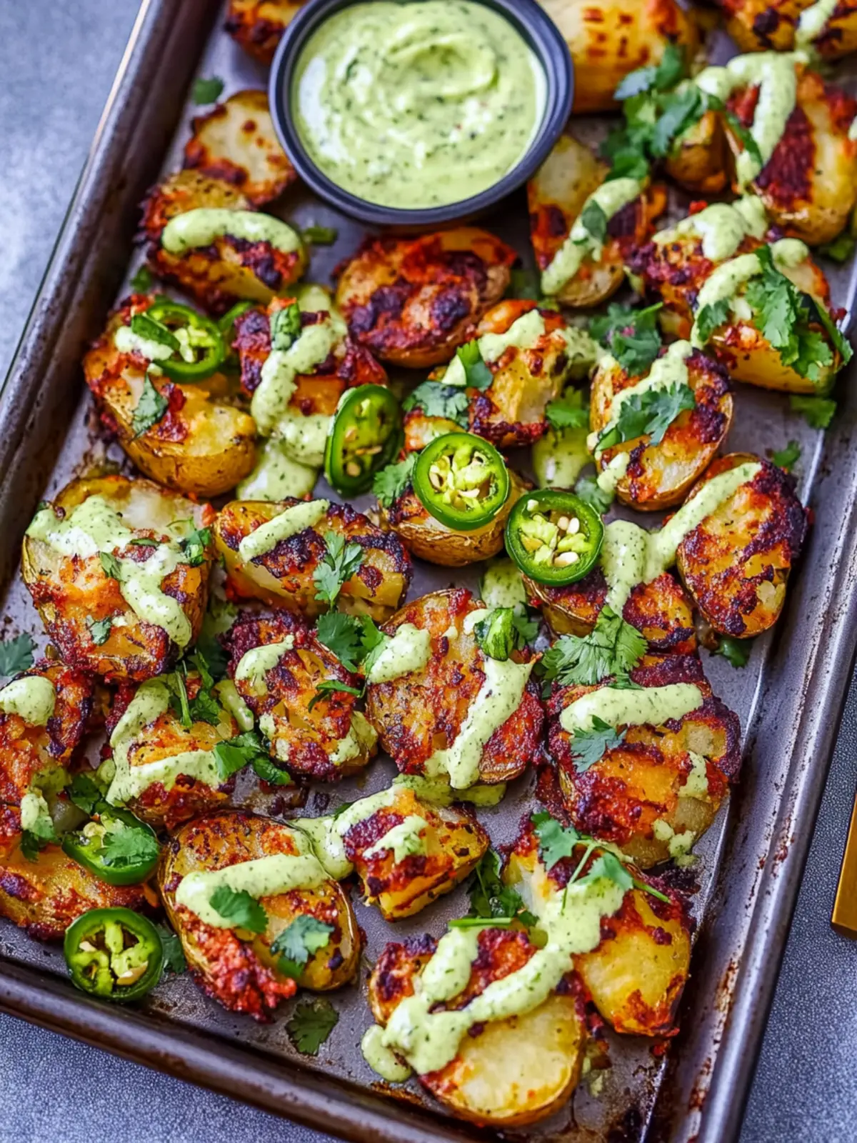 Crispy Smashed Sheet Pan Potatoes with Zesty Jalapeño Aioli 3 Crispy Smashed Sheet Pan Potatoes with Jalapeño Cilantro Aioli