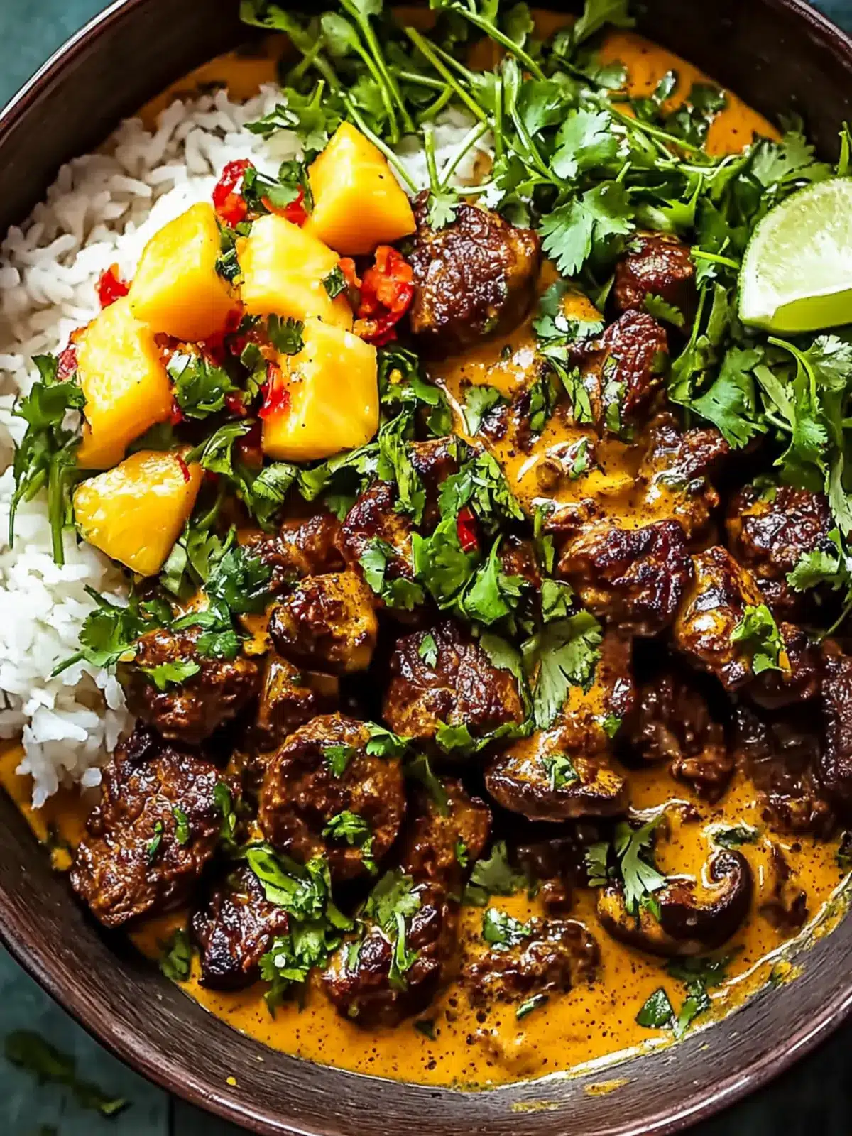 Curried Beef & Mushrooms with Creamy Peanut Sauce Bliss 2 Curried Beef & Mushrooms with Creamy Peanut Sauce and Mango Salsa