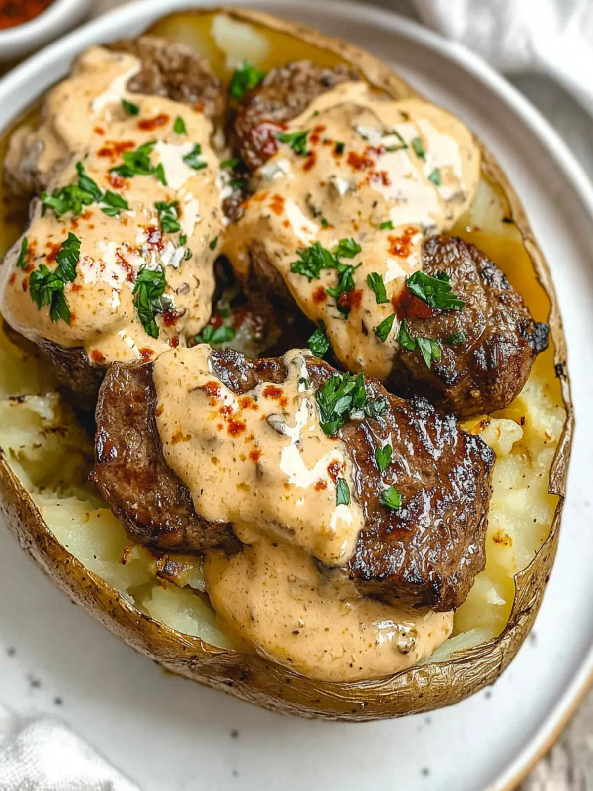 Savor Loaded Baked Potato with Steak Bites and Parmesan Sauce 3 Loaded Baked Potato with Steak Bites
