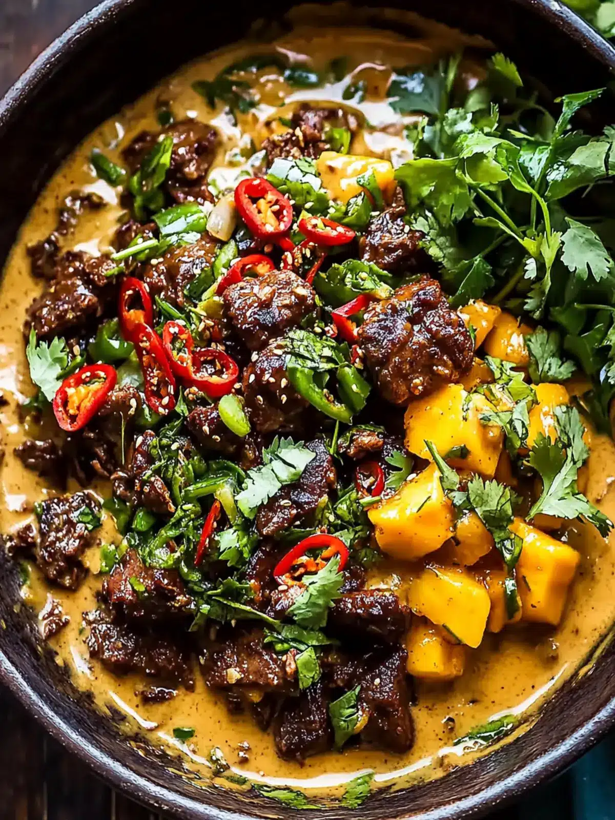Curried Beef & Mushrooms with Creamy Peanut Sauce Bliss 4 Curried Beef & Mushrooms with Creamy Peanut Sauce and Mango Salsa