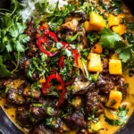 Curried Beef & Mushrooms with Creamy Peanut Sauce Bliss 9 Curried Beef & Mushrooms with Creamy Peanut Sauce and Mango Salsa