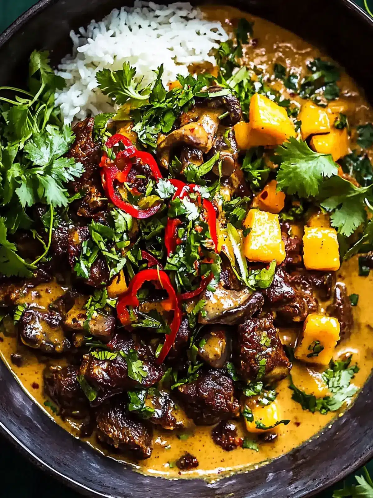 Curried Beef & Mushrooms with Creamy Peanut Sauce Bliss 5 Curried Beef & Mushrooms with Creamy Peanut Sauce and Mango Salsa