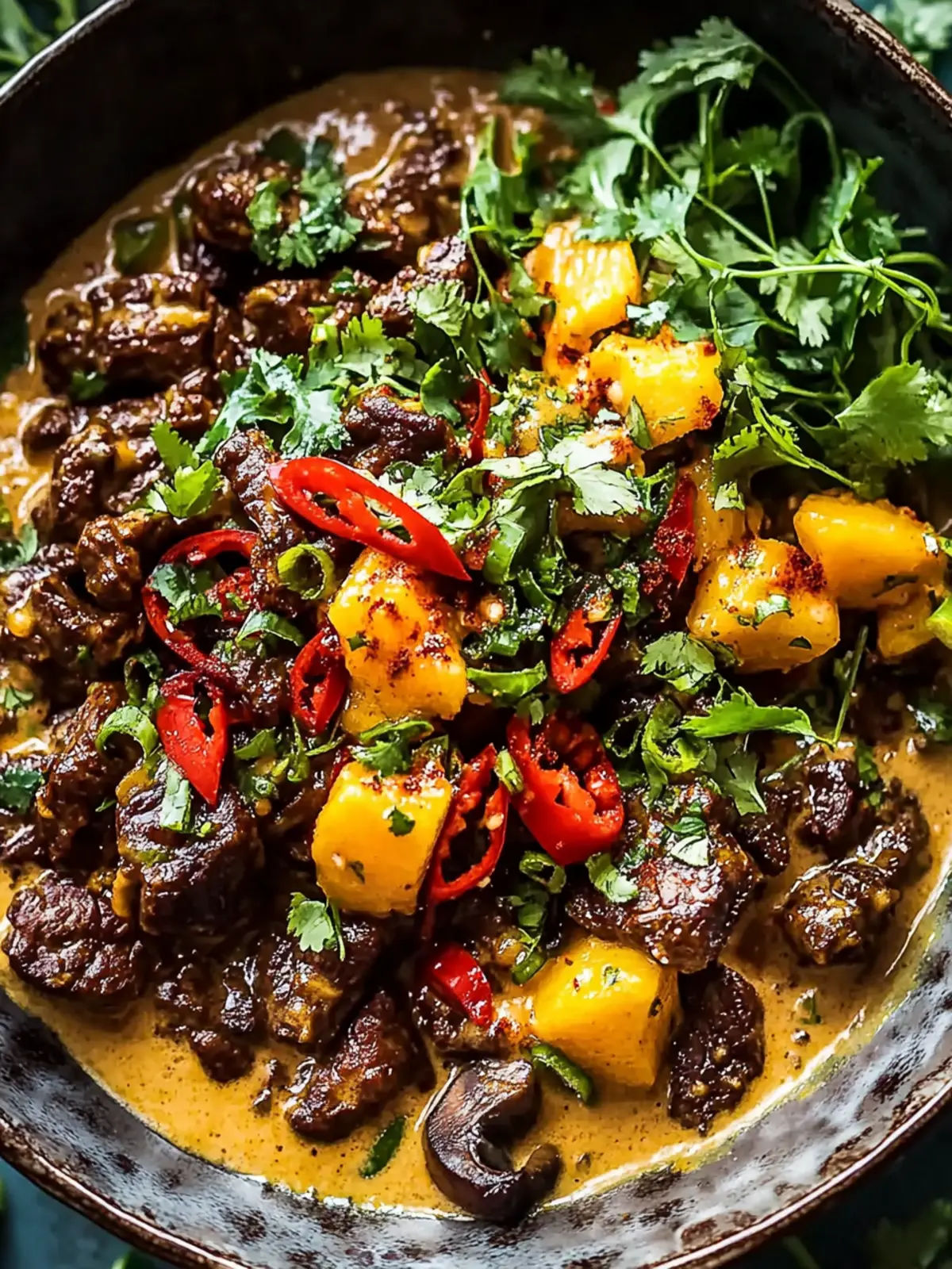 Curried Beef & Mushrooms with Creamy Peanut Sauce Bliss 3 Curried Beef & Mushrooms with Creamy Peanut Sauce and Mango Salsa