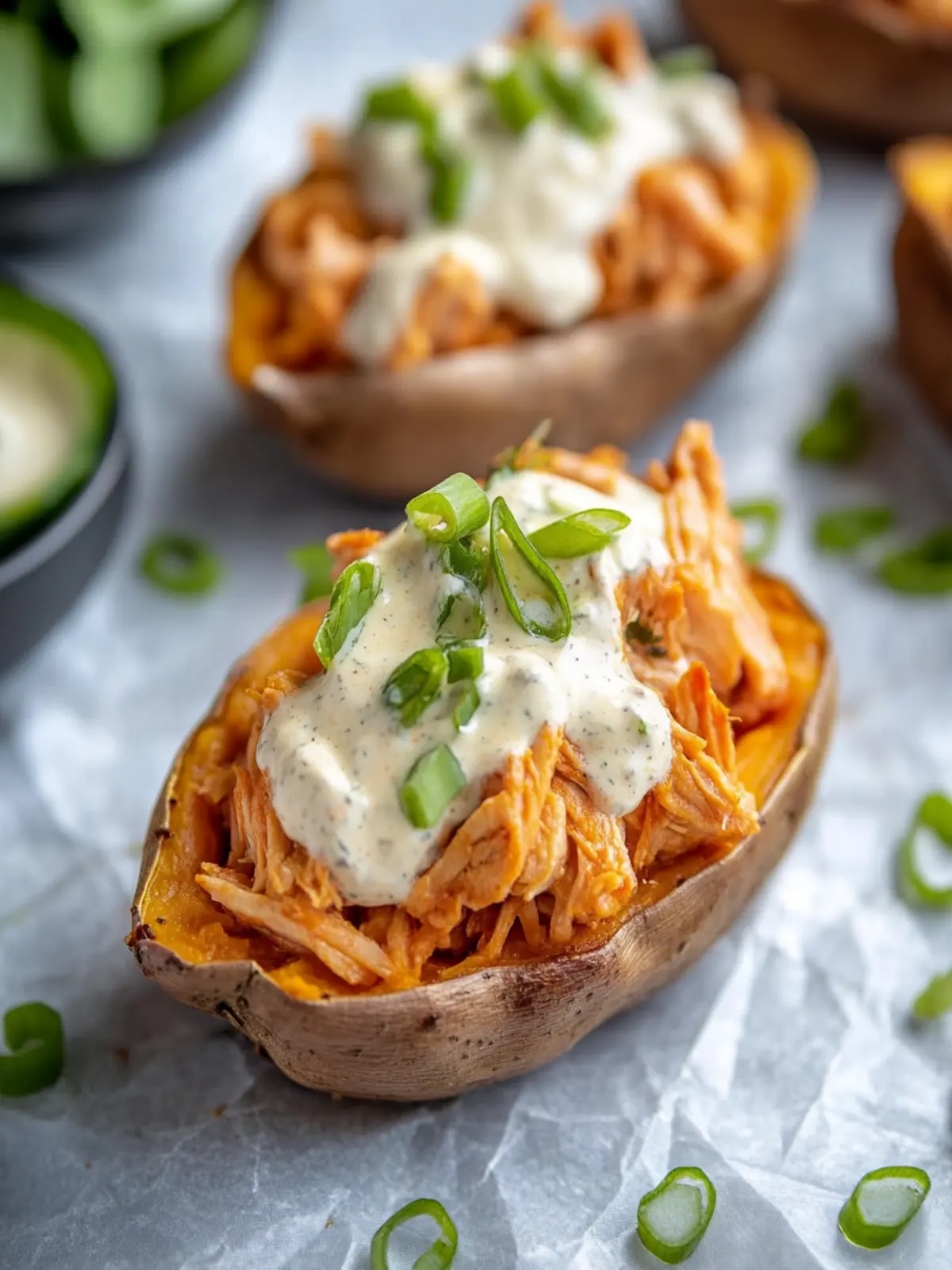 Buffalo Chicken & Ranch Stuffed Sweet Potatoes Delight 3 Stuffed Sweet Potatoes with Buffalo Chicken & Ranch