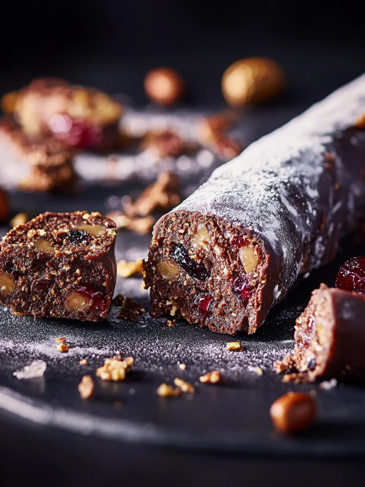 Chocolate, peanut butter and jelly munch salami