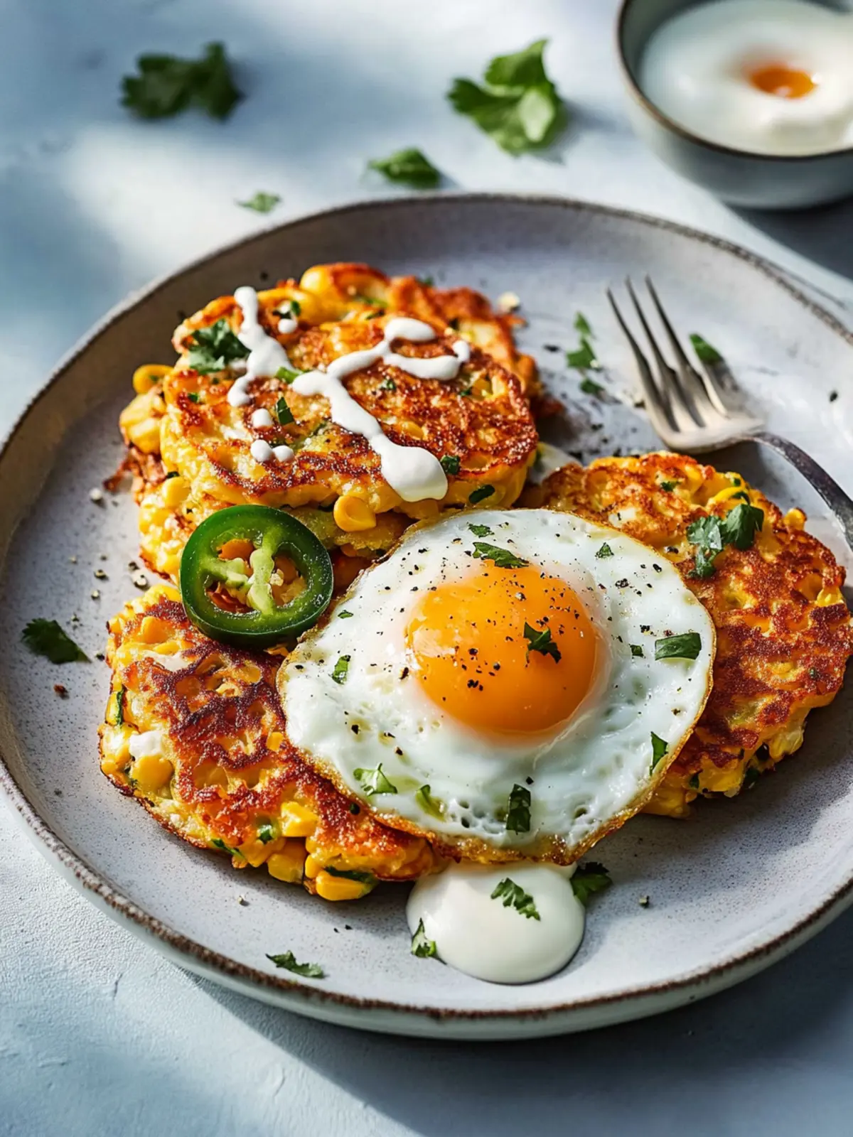 Sweetcorn and Jalapeño Fritters with a Fried Egg Delight 4 Sweetcorn and jalapeño fritters with a fried egg