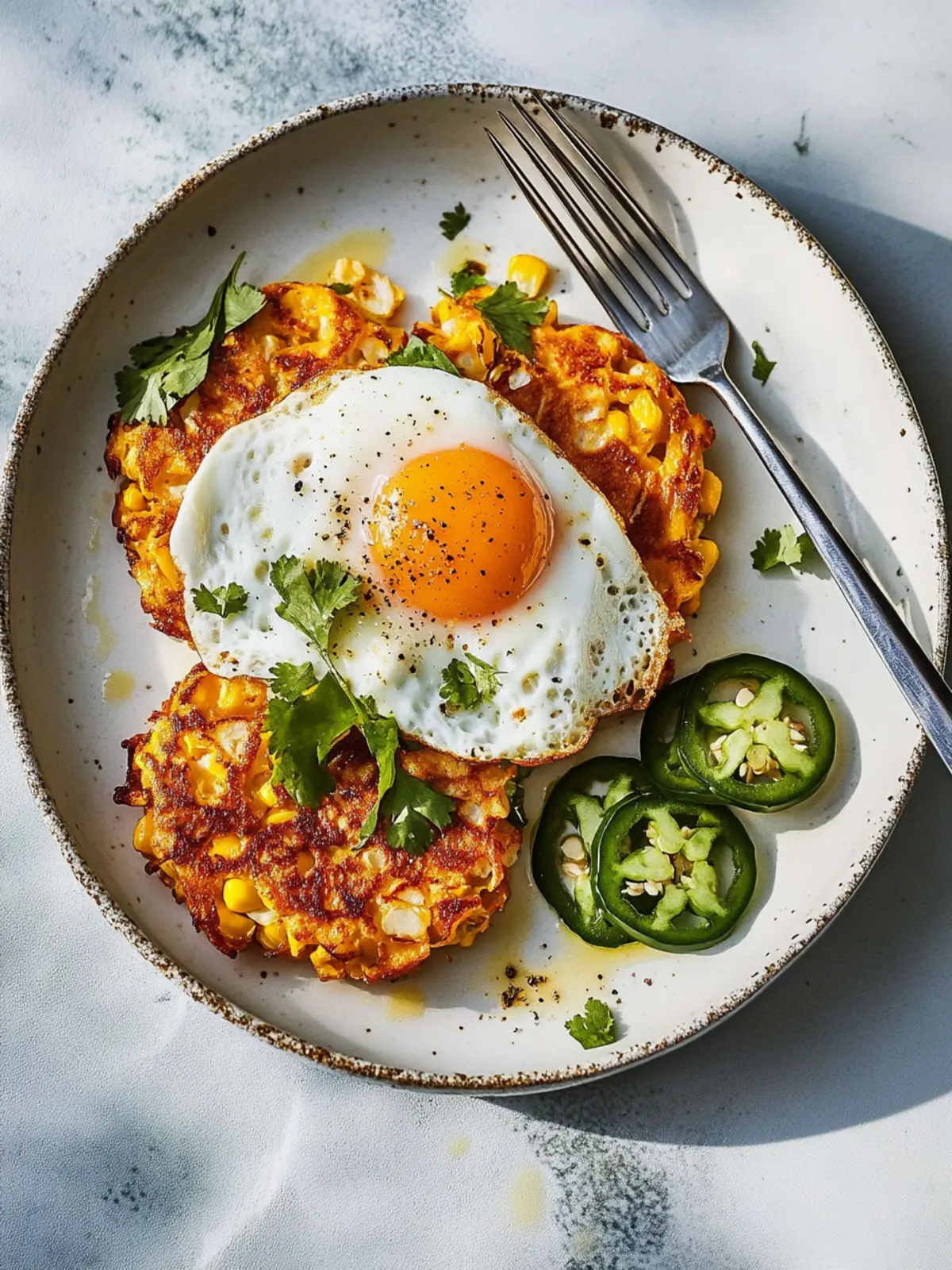 Sweetcorn and Jalapeño Fritters with a Fried Egg Delight 2 Sweetcorn and jalapeño fritters with a fried egg