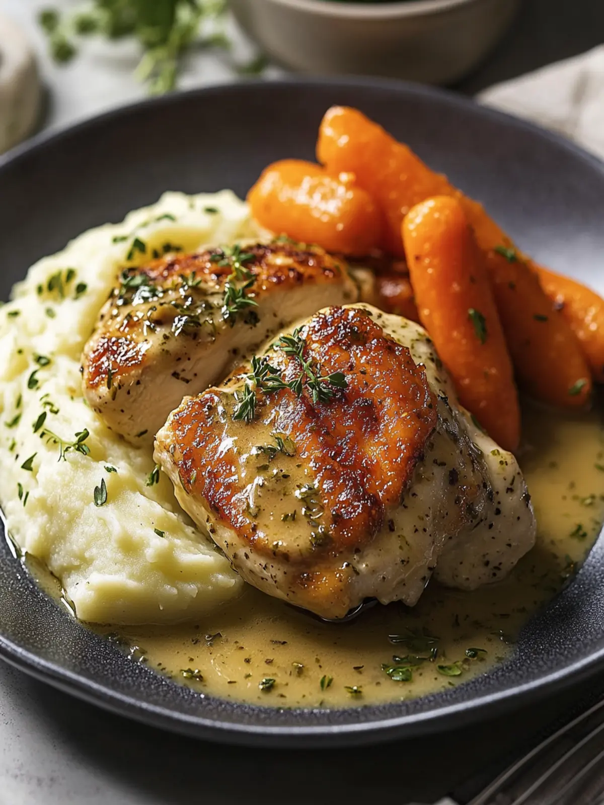 Savor Creamy Herb Chicken with Mashed Potatoes & Glazed Carrots 4 Creamy Herb Chicken with Mashed Potatoes & Glazed Carrots