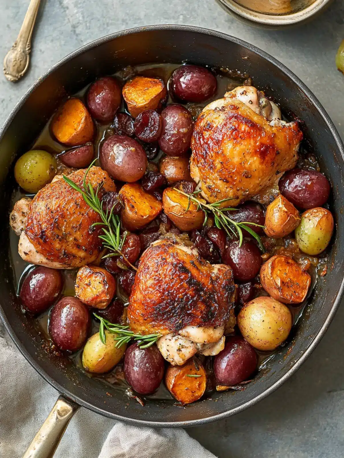 Savory Pan-Roasted Chicken Thighs with Grapes & Sweet Potatoes 2 Pan-Roasted Chicken Thighs with California Grapes and Sweet Potatoes