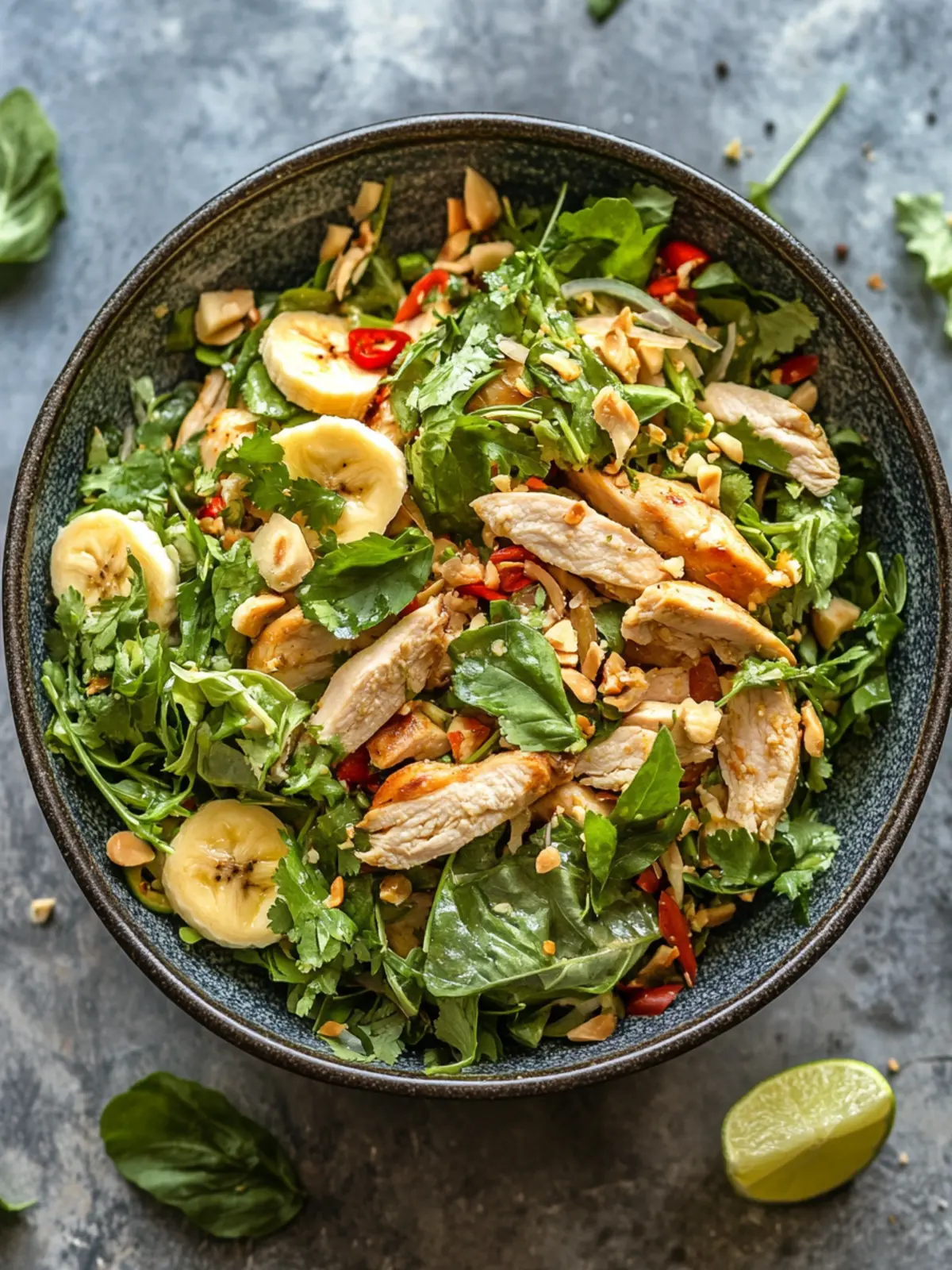 Savory Thai-Style Spicy Chicken and Herb Salad Delight 3 Thai-Style Spicy Chicken, Banana Blossom, and Herb Salad