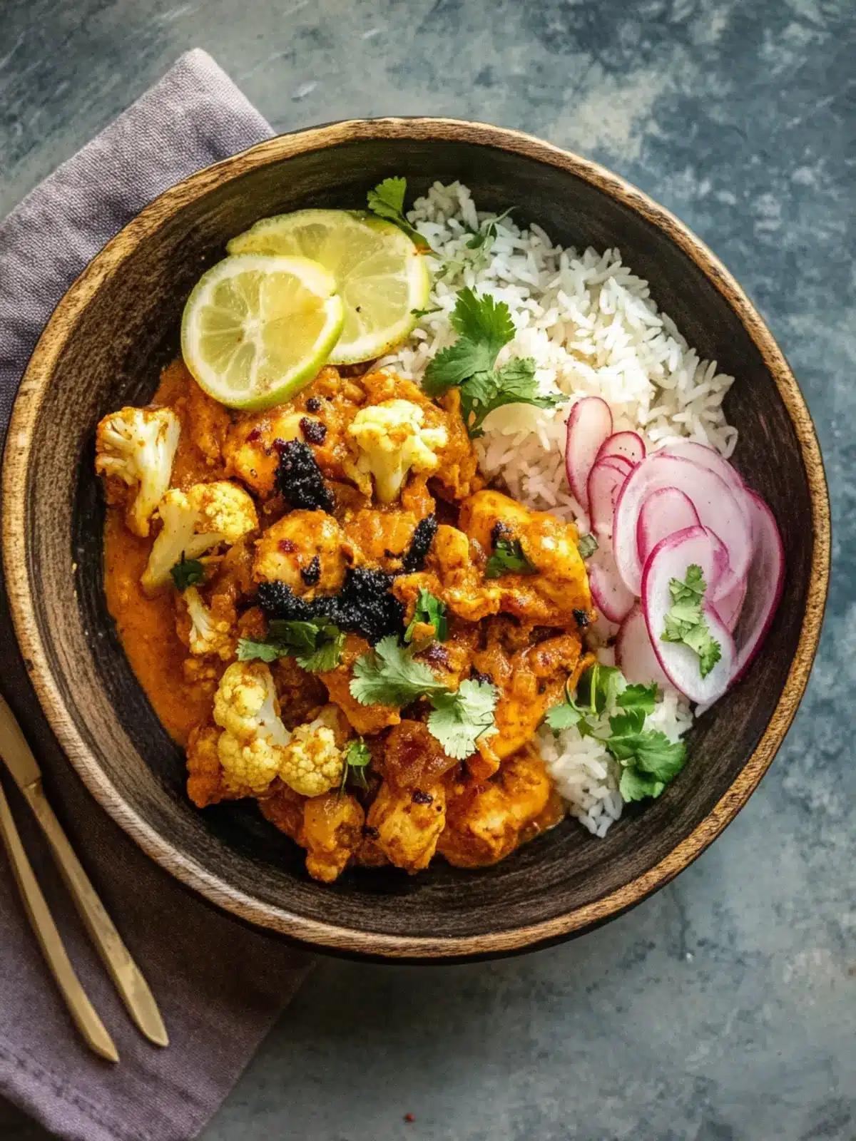 Savory Chicken and Black Garlic Madras with Coconut Rice Delight 2 Chicken and black garlic madras with cauliflower and tamarind-coconut rice