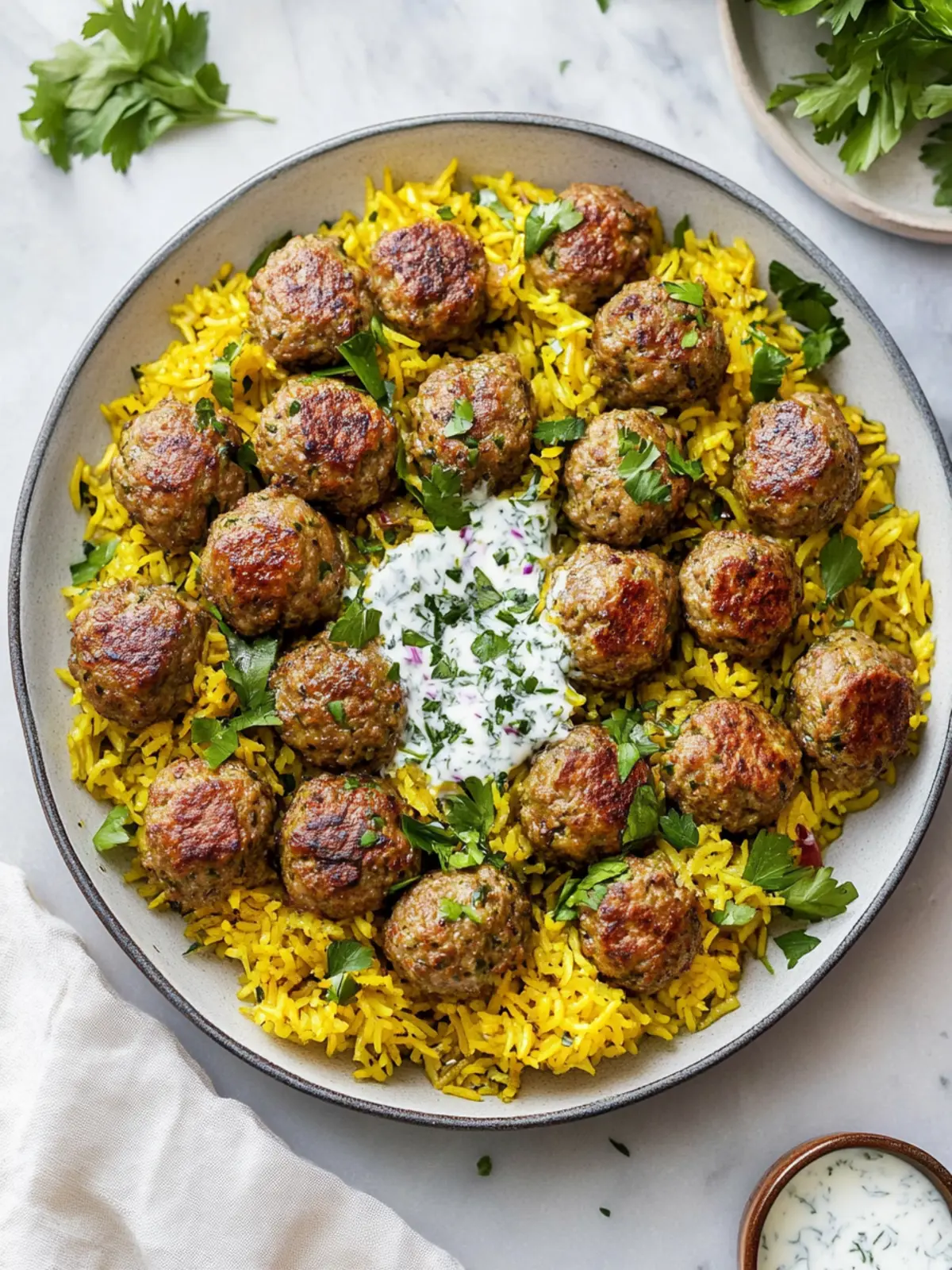 One-Pan Lamb Meatballs and Saffron Rice with Herby-Yogurt Bliss 2 One-Pan Lamb Meatballs and Saffron Rice with Herby-Yogurt Sauce