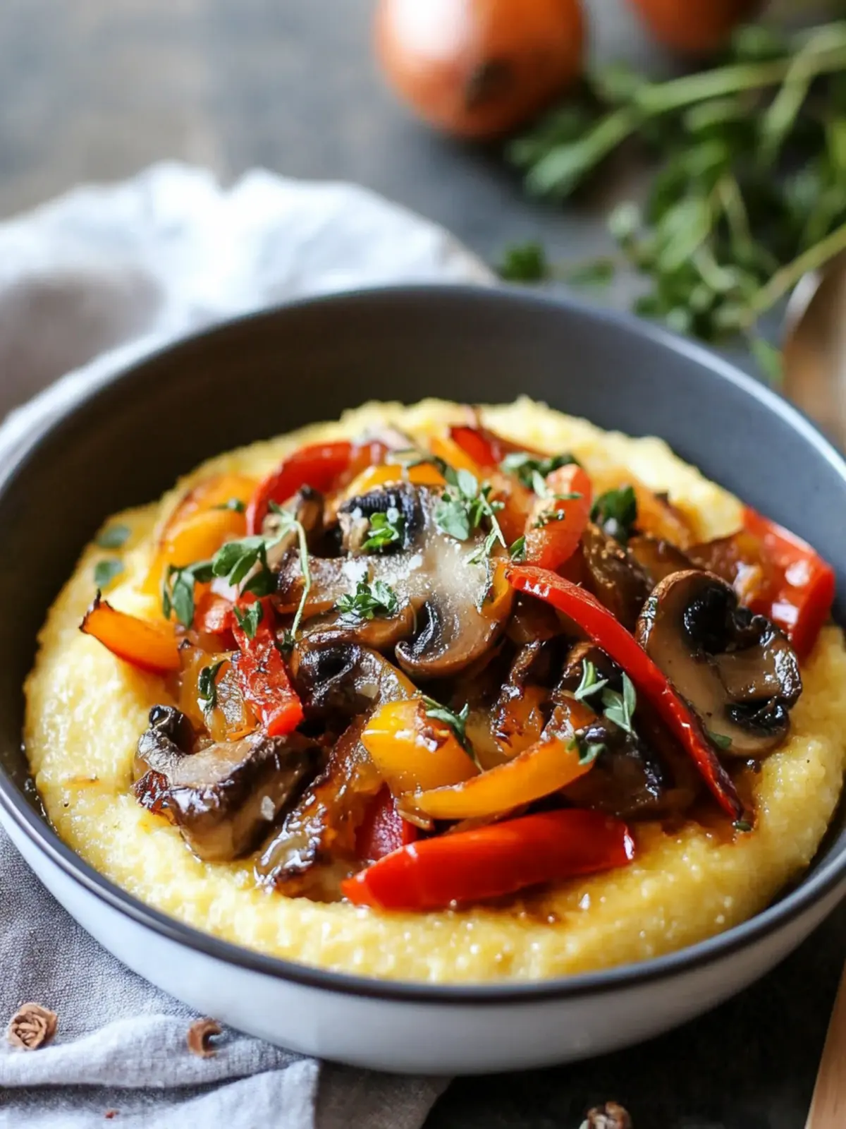 Delicious Creamy Polenta with Caramelized Onions and Peppers 2 Creamy Polenta with Caramelized Onions, Peppers, and Mushrooms