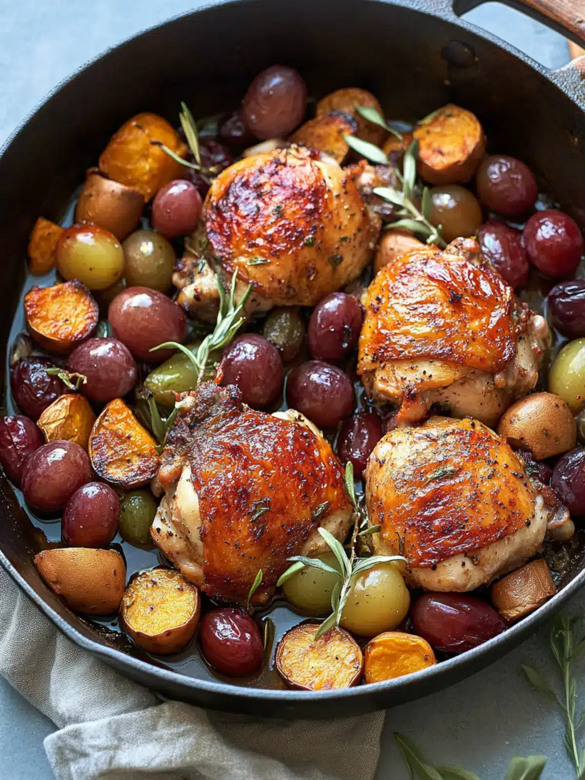 Savory Pan-Roasted Chicken Thighs with Grapes & Sweet Potatoes 5 Pan-Roasted Chicken Thighs with California Grapes and Sweet Potatoes