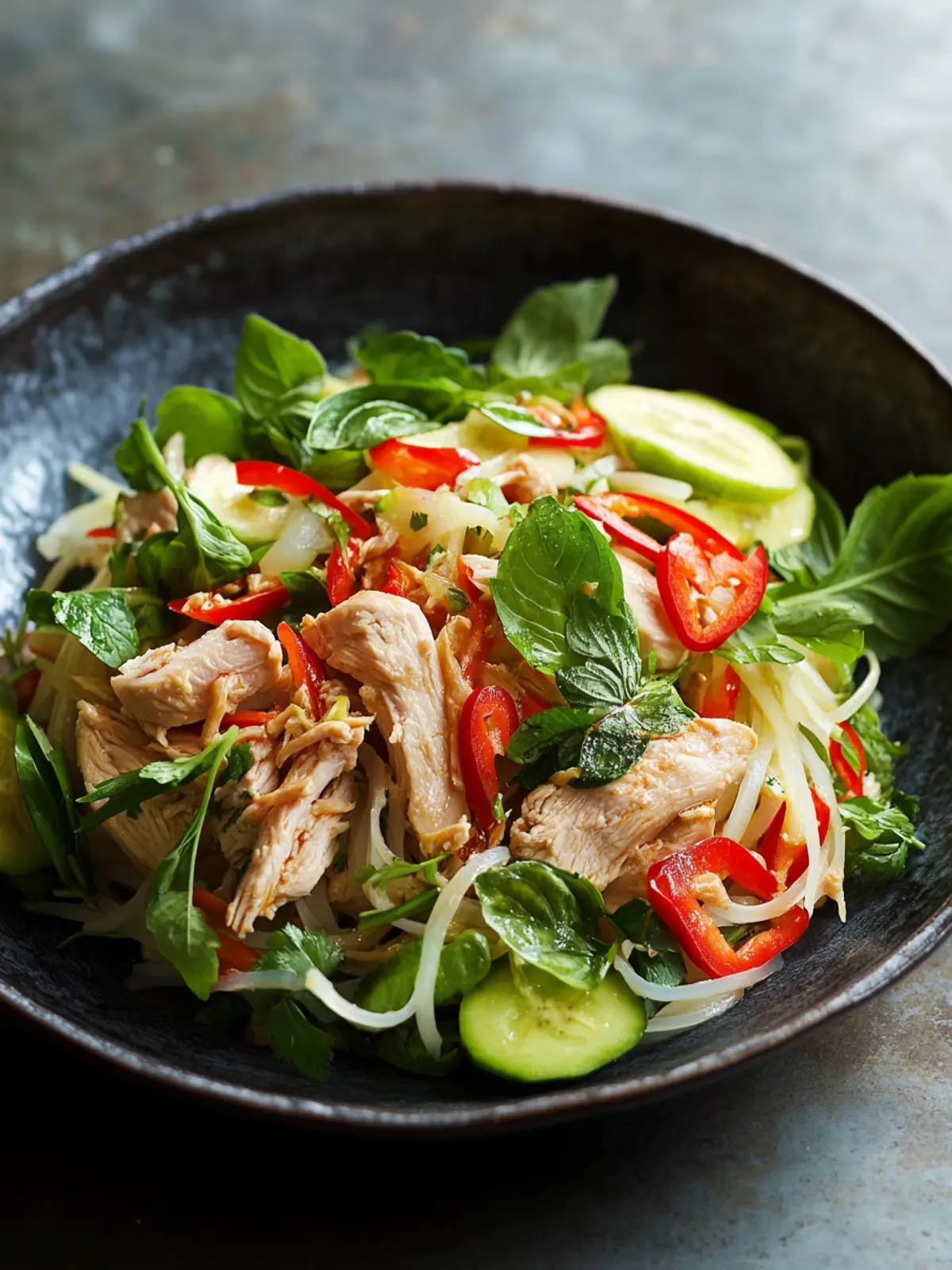 Savory Thai-Style Spicy Chicken and Herb Salad Delight 4 Thai-Style Spicy Chicken, Banana Blossom, and Herb Salad